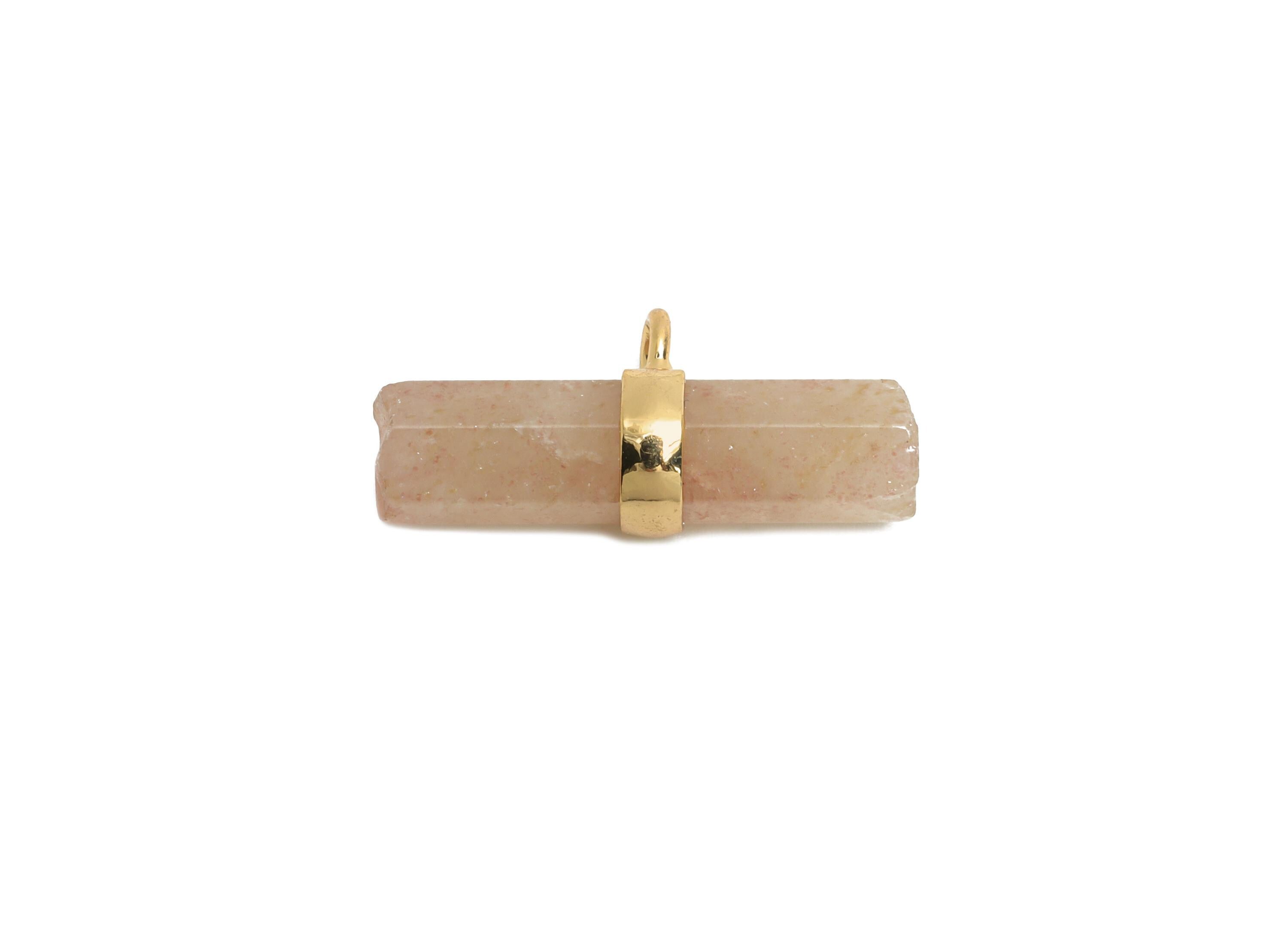 Strawberry Quartz Bar Pendant - Brass Rectangular Stone Charm For Necklace - Modern Stone Jewelry - KC Gold Plating - 21x11x6mm-NS2882I - DOMEDBAZAAR