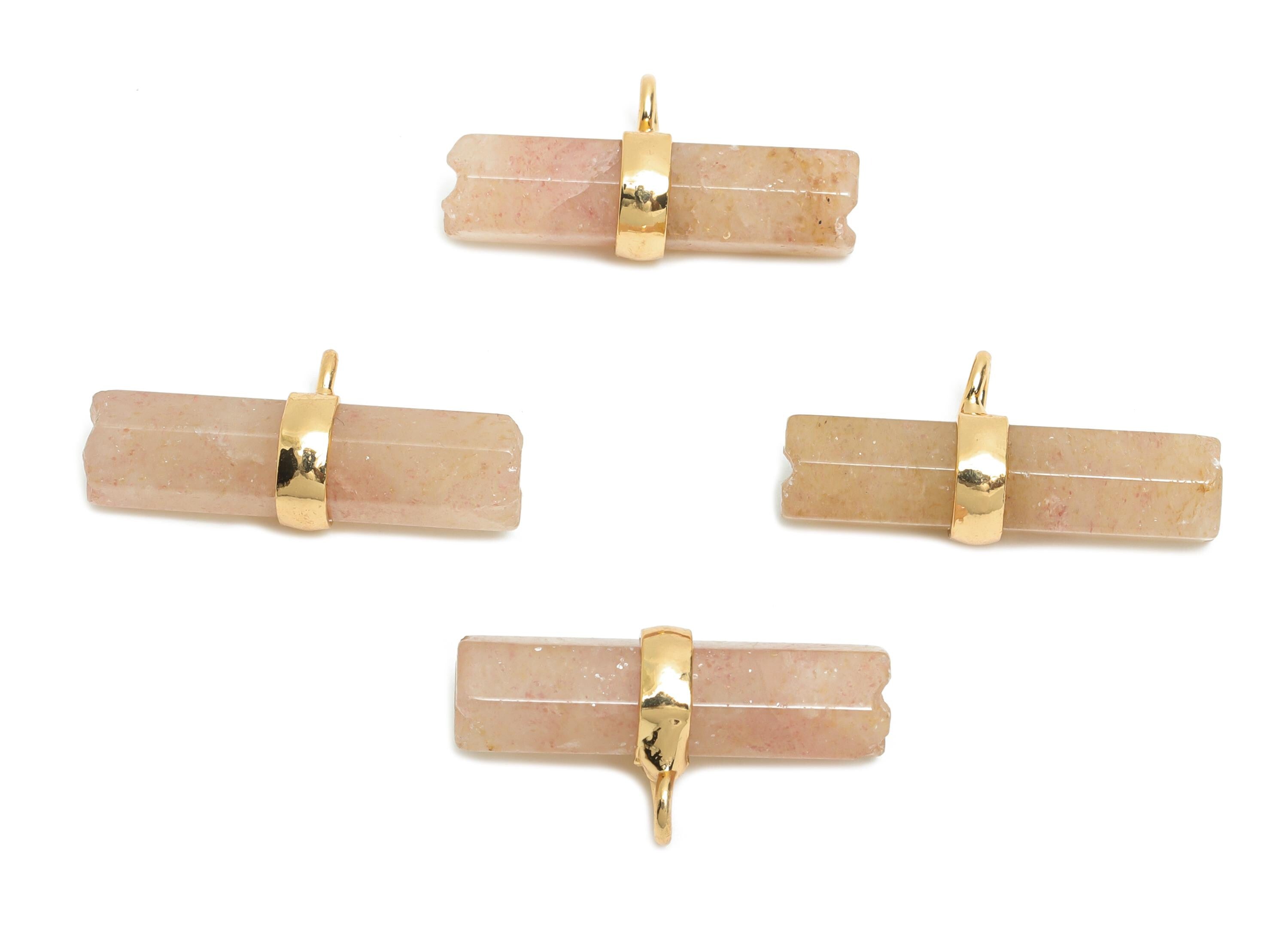 Strawberry Quartz Bar Pendant - Brass Rectangular Stone Charm For Necklace - Modern Stone Jewelry - KC Gold Plating - 21x11x6mm-NS2882I - DOMEDBAZAAR