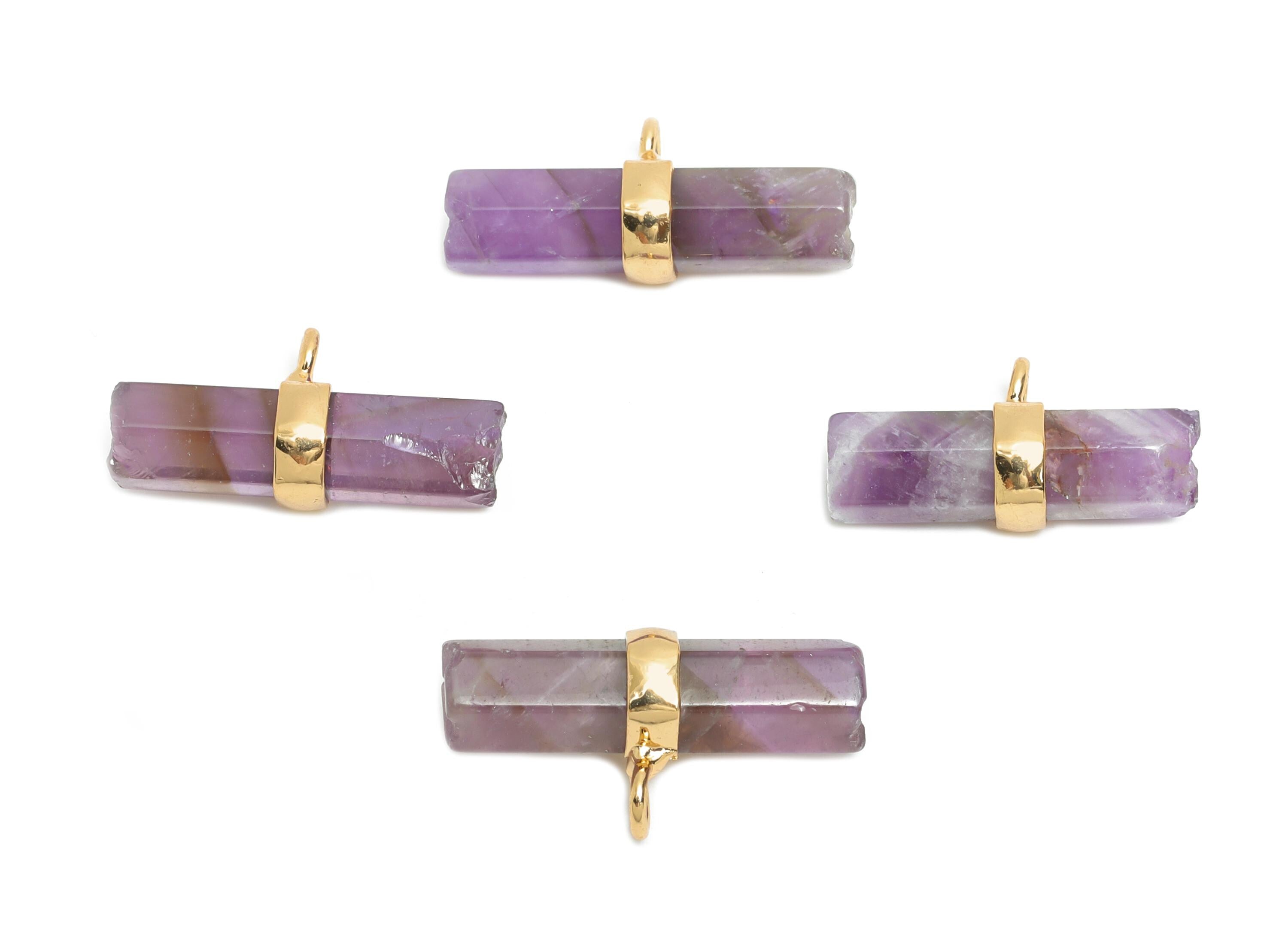 Amethyst Bar Pendant - Brass Rectangular Stone Charm For Necklace - Brass Modern Stone Jewelry - KC Gold Plating - 21x11x6.86mm - NS2882C - DOMEDBAZAAR