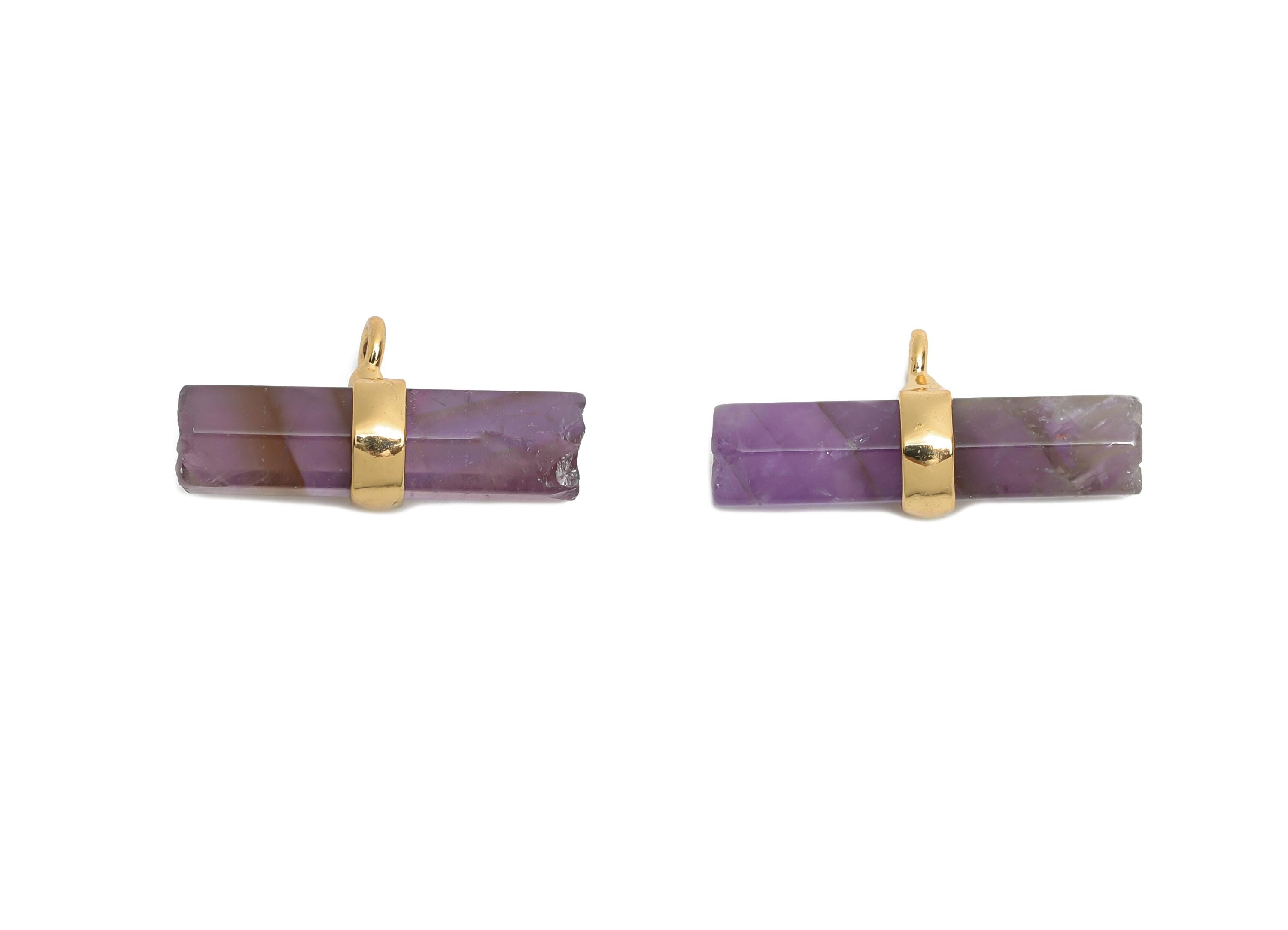 Amethyst Bar Pendant - Brass Rectangular Stone Charm For Necklace - Brass Modern Stone Jewelry - KC Gold Plating - 21x11x6.86mm - NS2882C - DOMEDBAZAAR