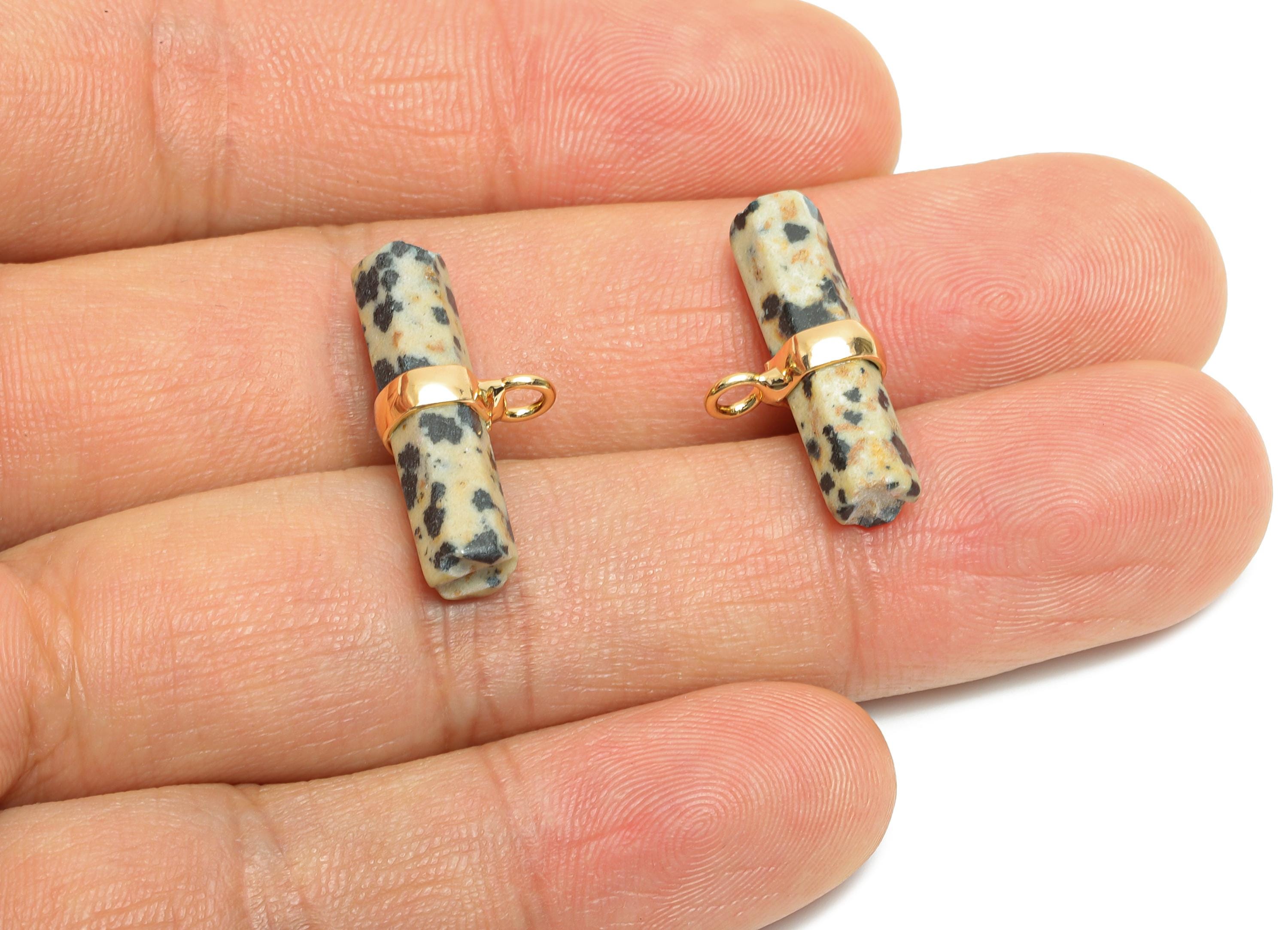 Dalmatian Stone Bar Pendant - Brass Rectangular Stone Charm For Necklace - Modern Stone Jewelry - KC Gold Plating - 22x11x6mm - NS2882F - DOMEDBAZAAR