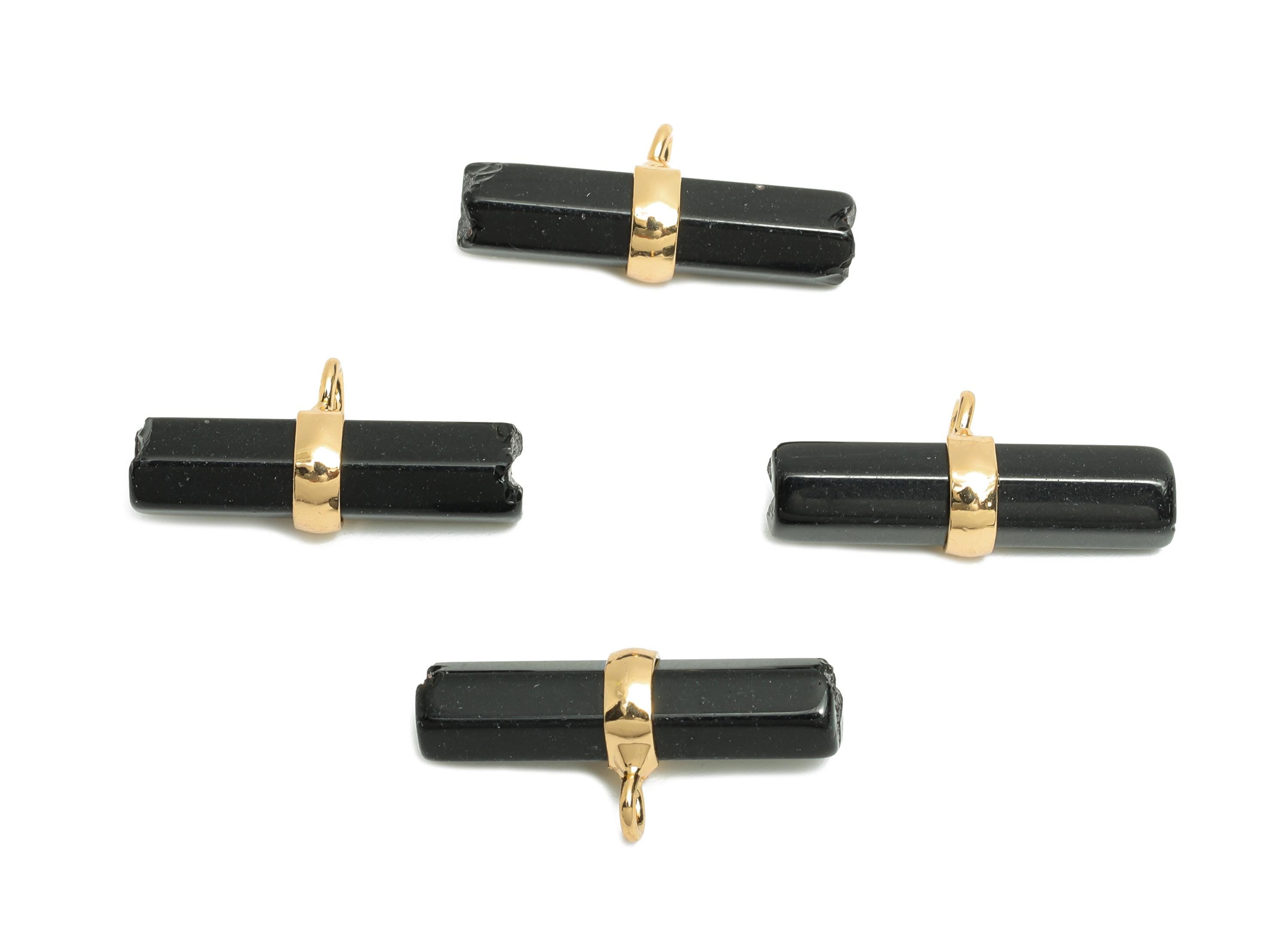 Obsidian Bar Pendant - Brass Rectangular Stone Charm For Necklace - Modern Stone Jewelry - KC Gold Plating - 23x11x6.66mm - NS2882A - DOMEDBAZAAR