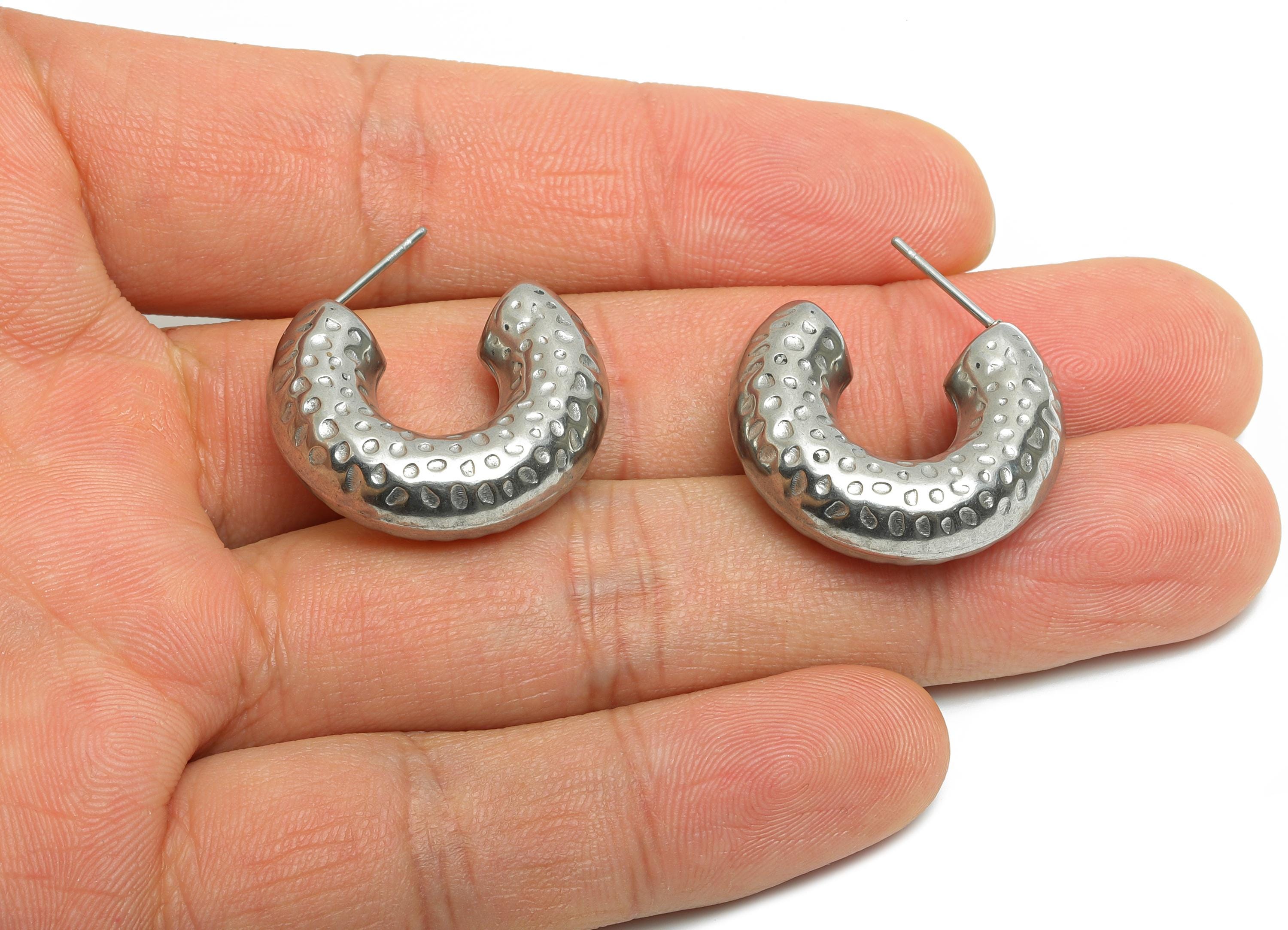 Steel Crescent Hoop Earring Studs - Hammered Silver Crescent Earring Post - Textured Open C Studs - Earring Finding - 25x21x7.9mm - SS1704 - DOMEDBAZAAR