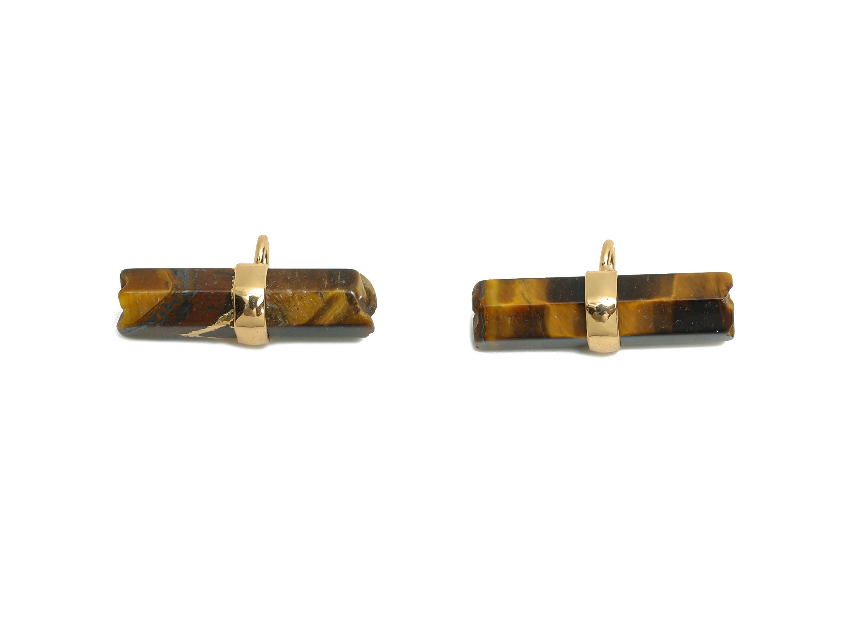 Tigereye Stone Bar Pendant - Brass Rectangular Stone Charm For Necklace - Modern Stone Jewelry - KC Gold Plating - 21x11x6.73mm - NS2882B - DOMEDBAZAAR