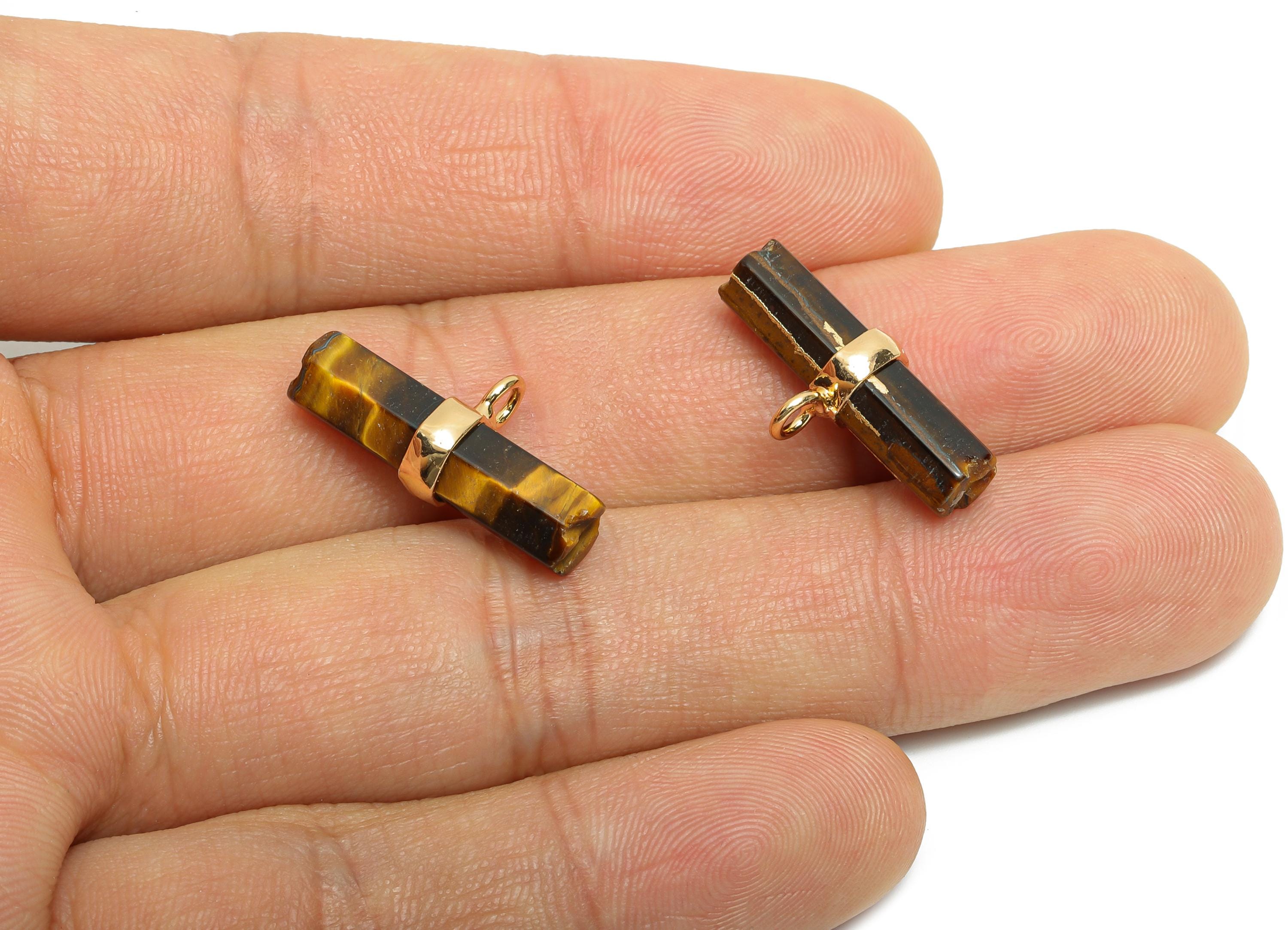 Tigereye Stone Bar Pendant - Brass Rectangular Stone Charm For Necklace - Modern Stone Jewelry - KC Gold Plating - 21x11x6.73mm - NS2882B - DOMEDBAZAAR