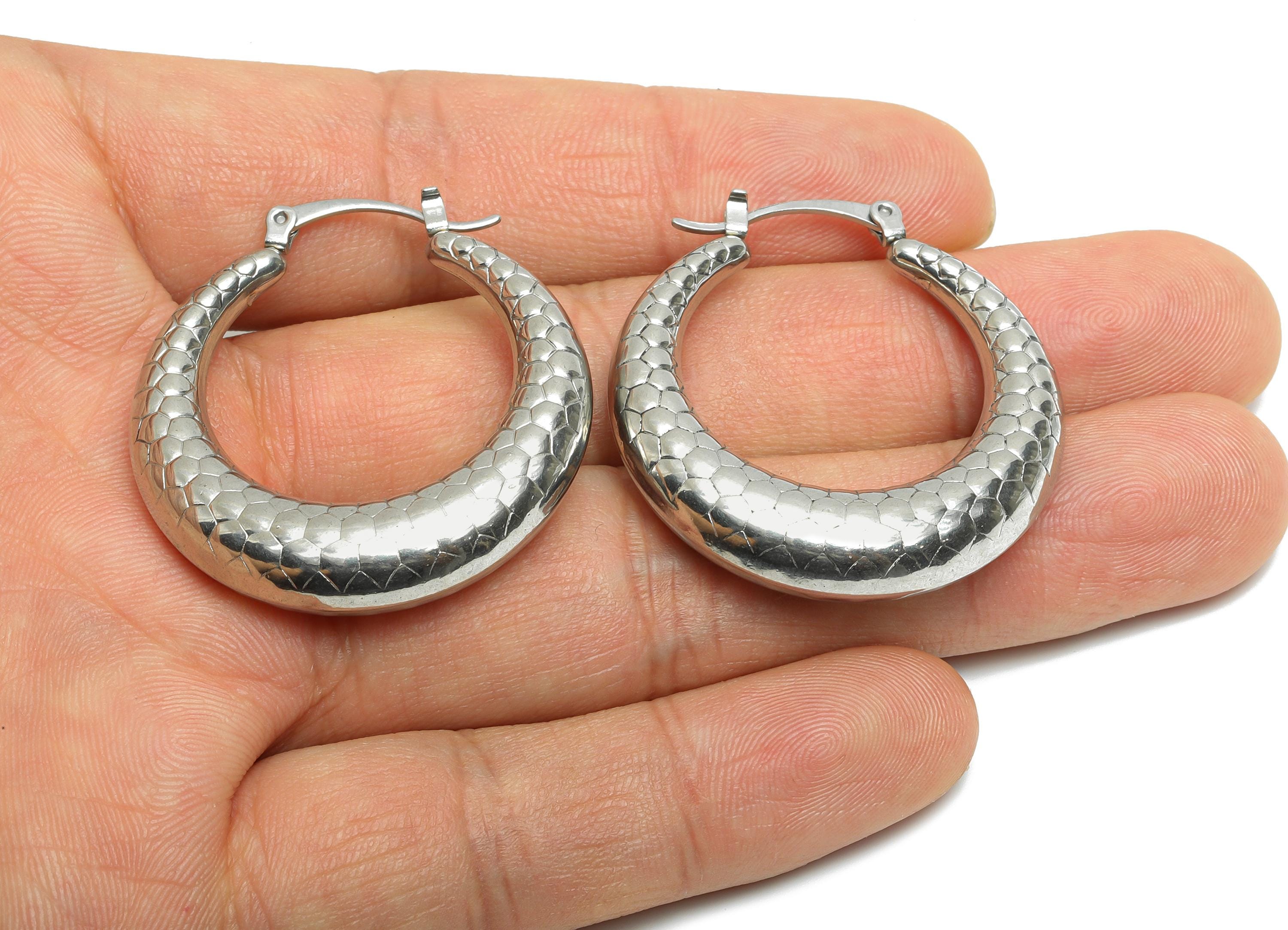 Steel Hoop Earring - Honeycomb Pattern Silver Hoop Earring - Hinged Back - Unique Steel Hoop Jewelry - Steel Finding - 35x35x8.08mm - SS1698 - DOMEDBAZAAR