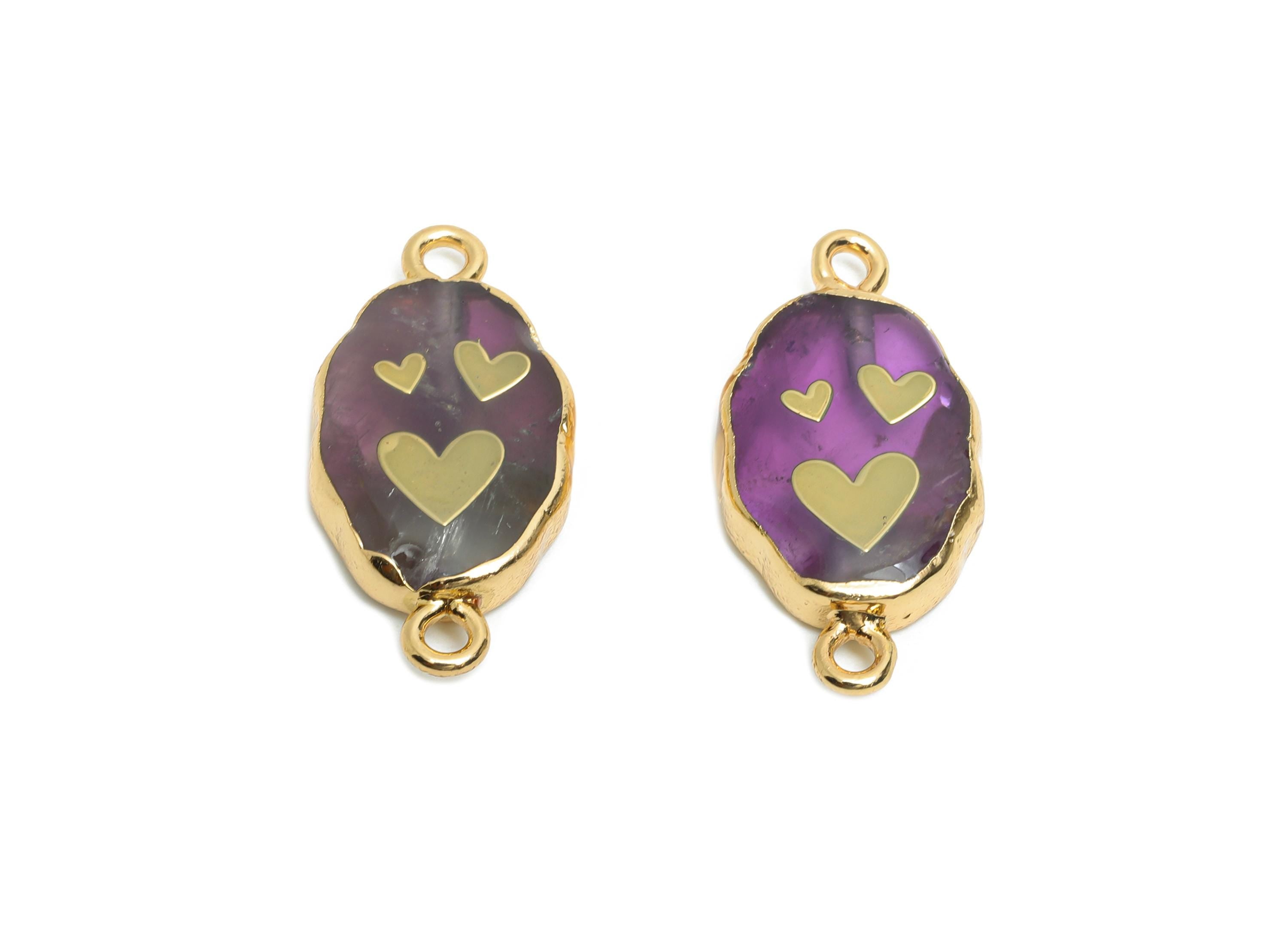 Brass Heart Amethyst Pendant - Connector For Handmade Bracelets - Artistic Bracelet Connector - KC Gold Plating - 25x12x5.14mm - NS2873 - DOMEDBAZAAR