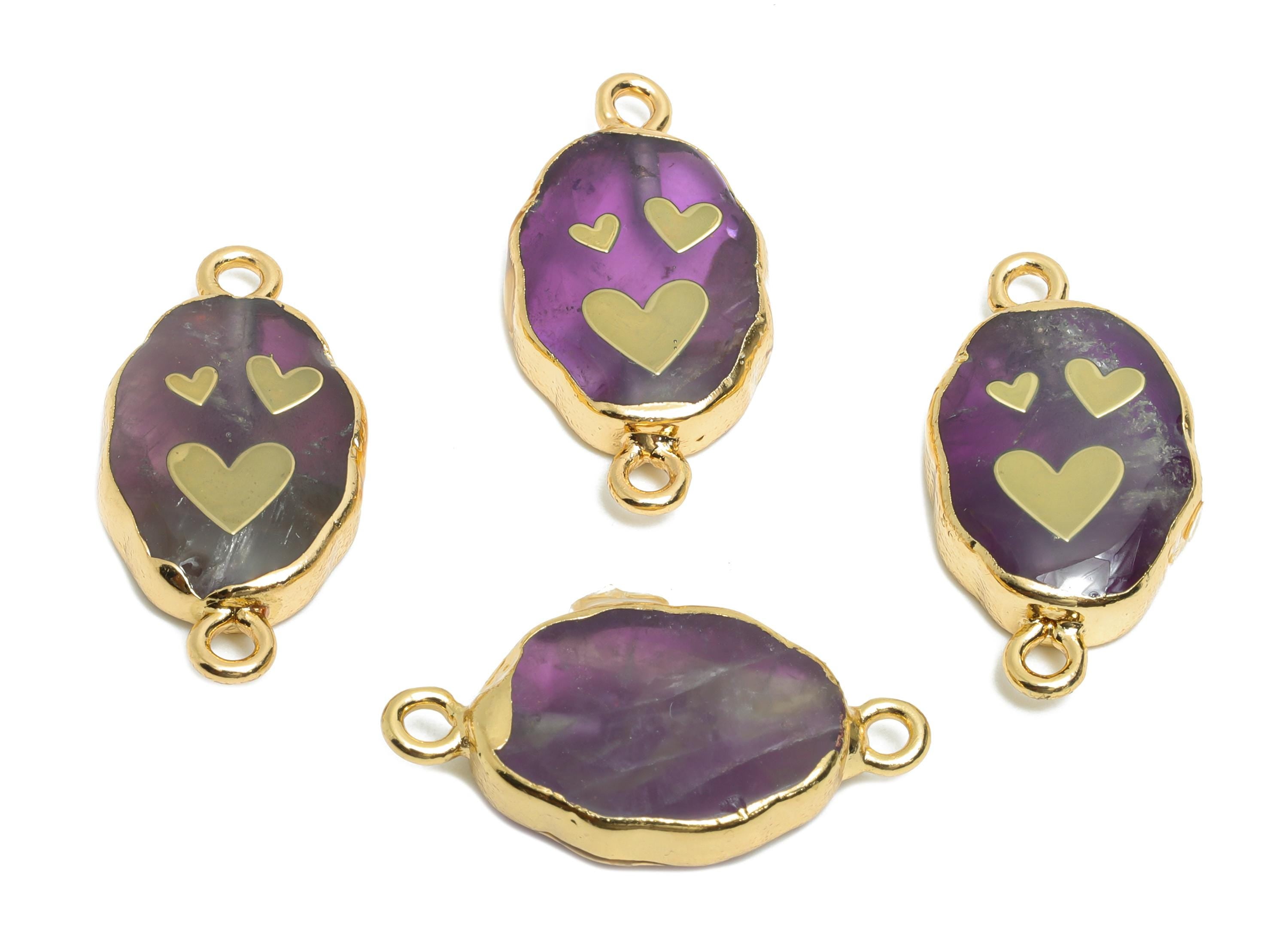 Brass Heart Amethyst Pendant - Connector For Handmade Bracelets - Artistic Bracelet Connector - KC Gold Plating - 25x12x5.14mm - NS2873 - DOMEDBAZAAR
