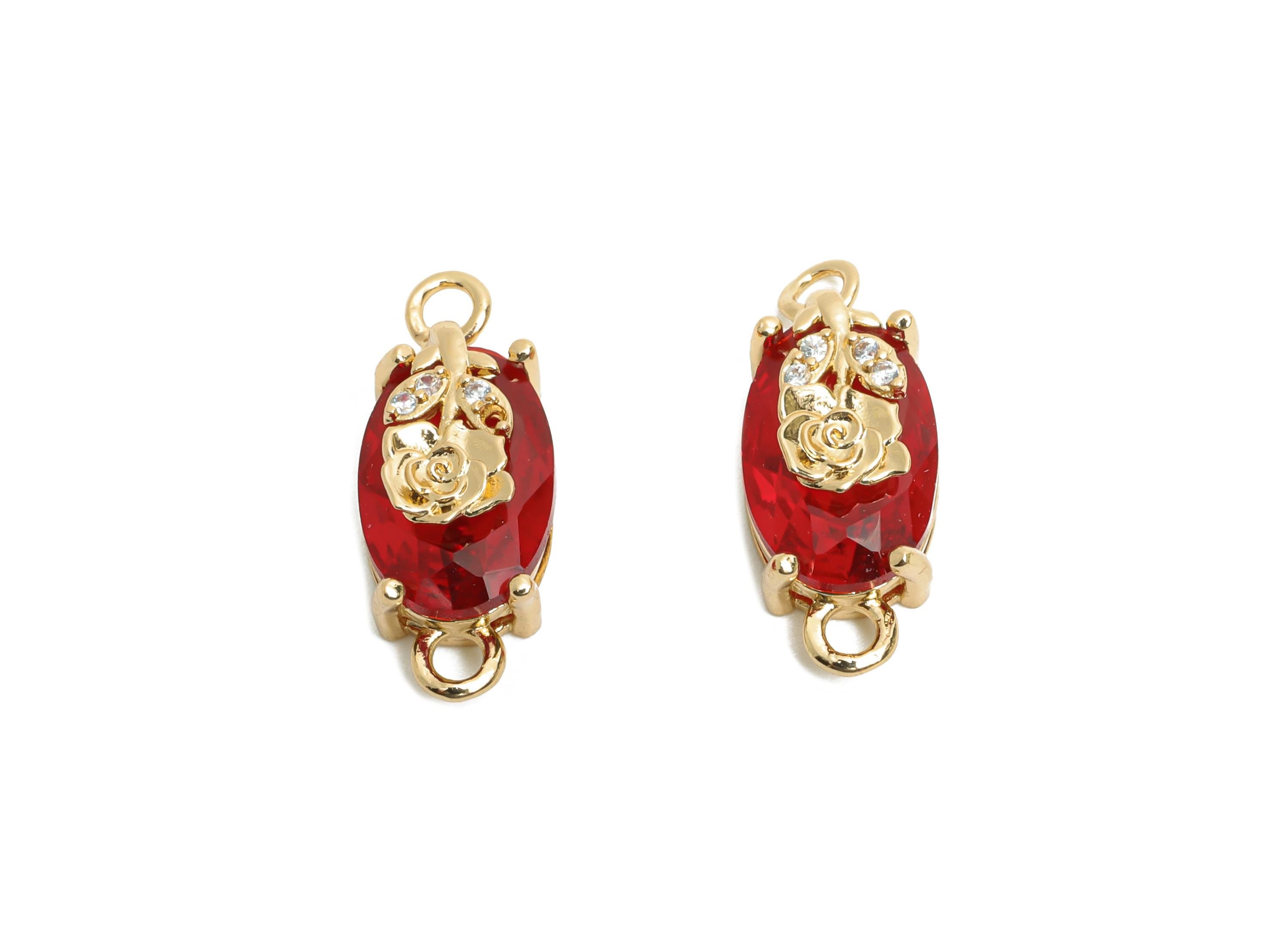 Red Crystal Rose Connector - Faceted Oval Glass with Rose Connector - Brass Romantic Jewelry  - KC Gold Tone Plated - 19x8x6.52mm- GS1296 - DOMEDBAZAAR