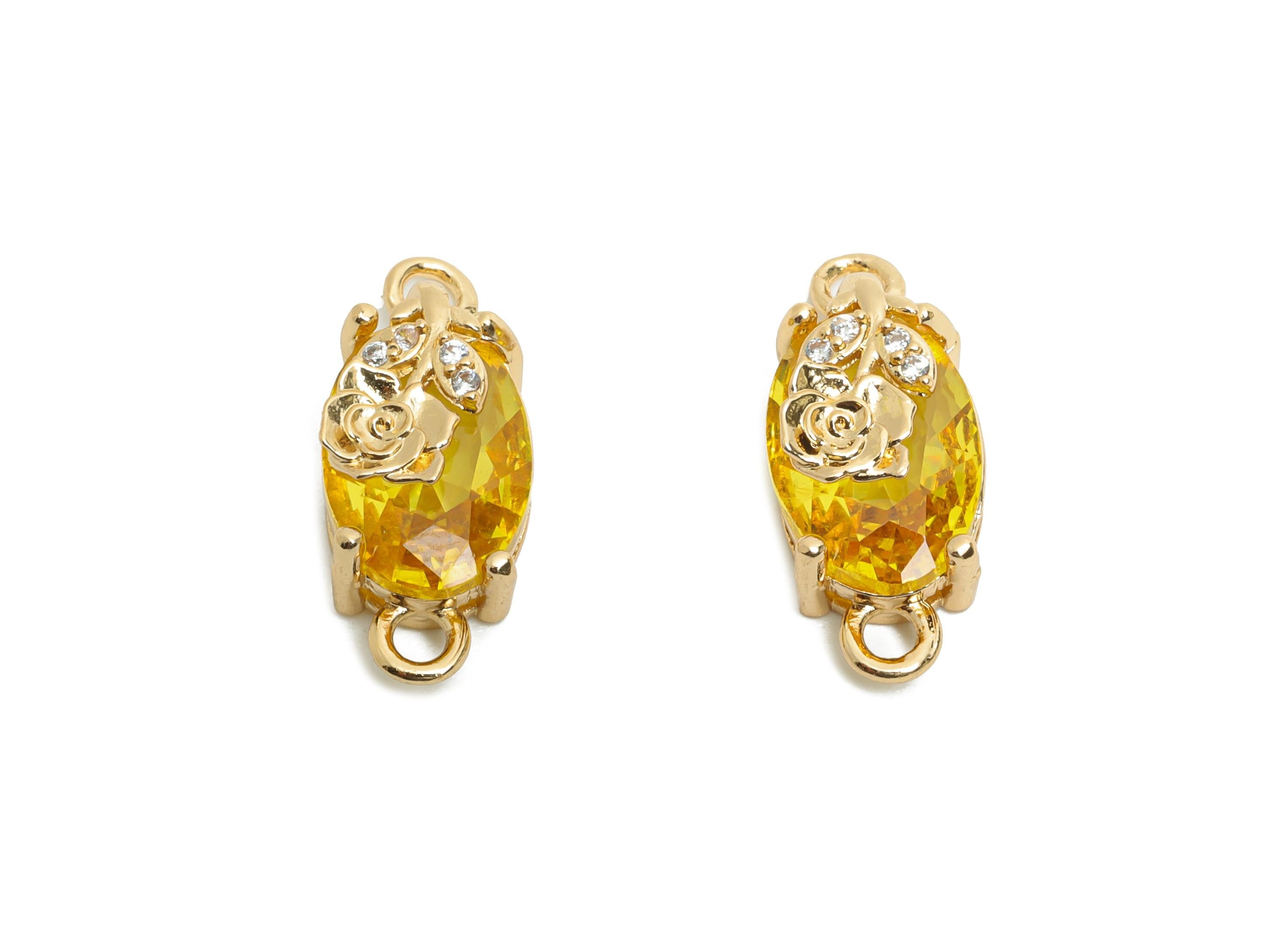 Yellow Crystal Rose Connector - Faceted Oval Glass with Rose Connector - Brass Romantic Jewelry  - KC Gold Tone Plated - 19x8x6.52mm- GS1299 - DOMEDBAZAAR