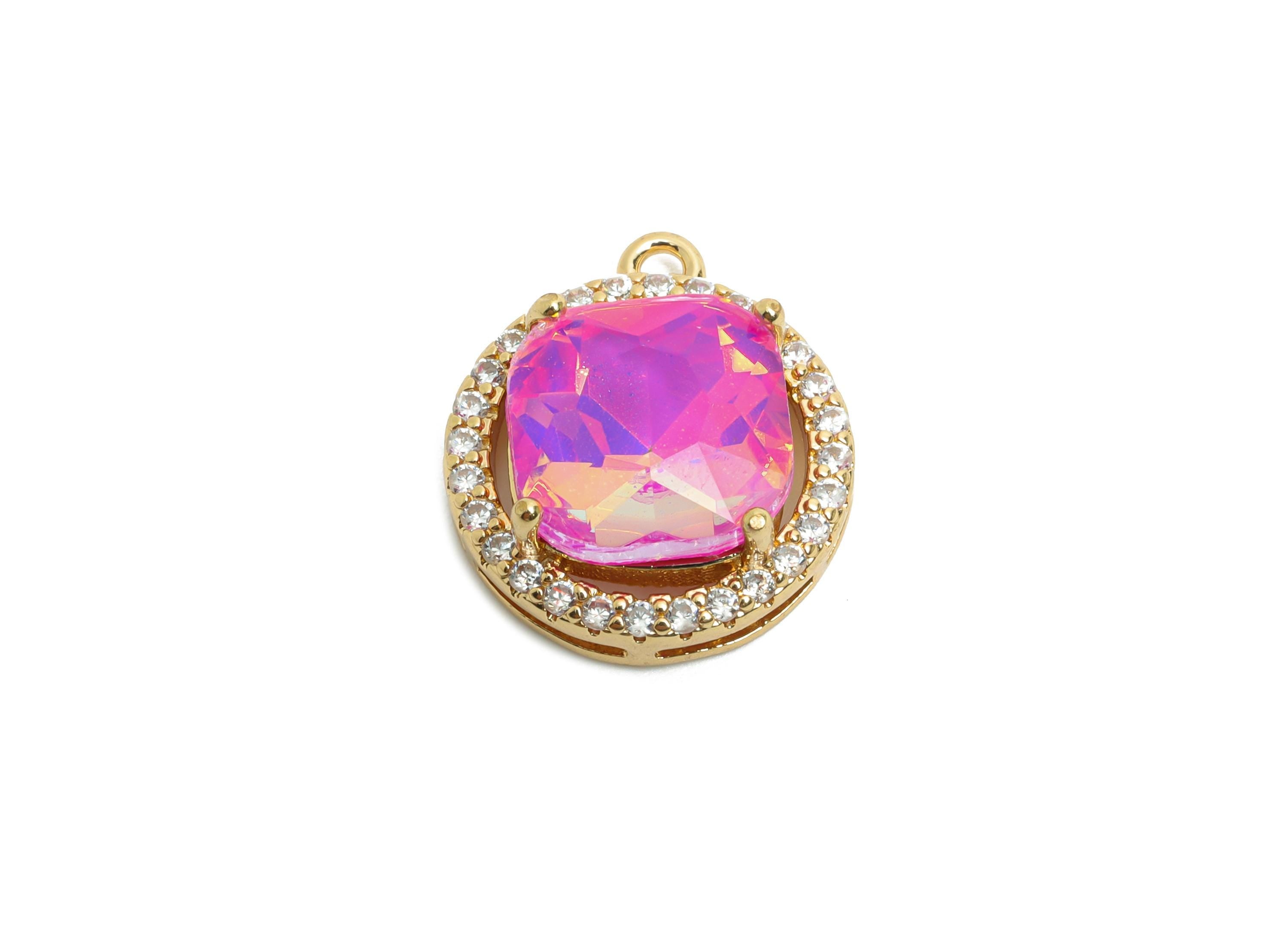 Dainty Crystal Pink Charm - Luxury Crystal Necklace Charm - Sparkling Rhinestone Border Pendant - KC Gold Tone Plated - 17x15x6mm- GS1190 - DOMEDBAZAAR