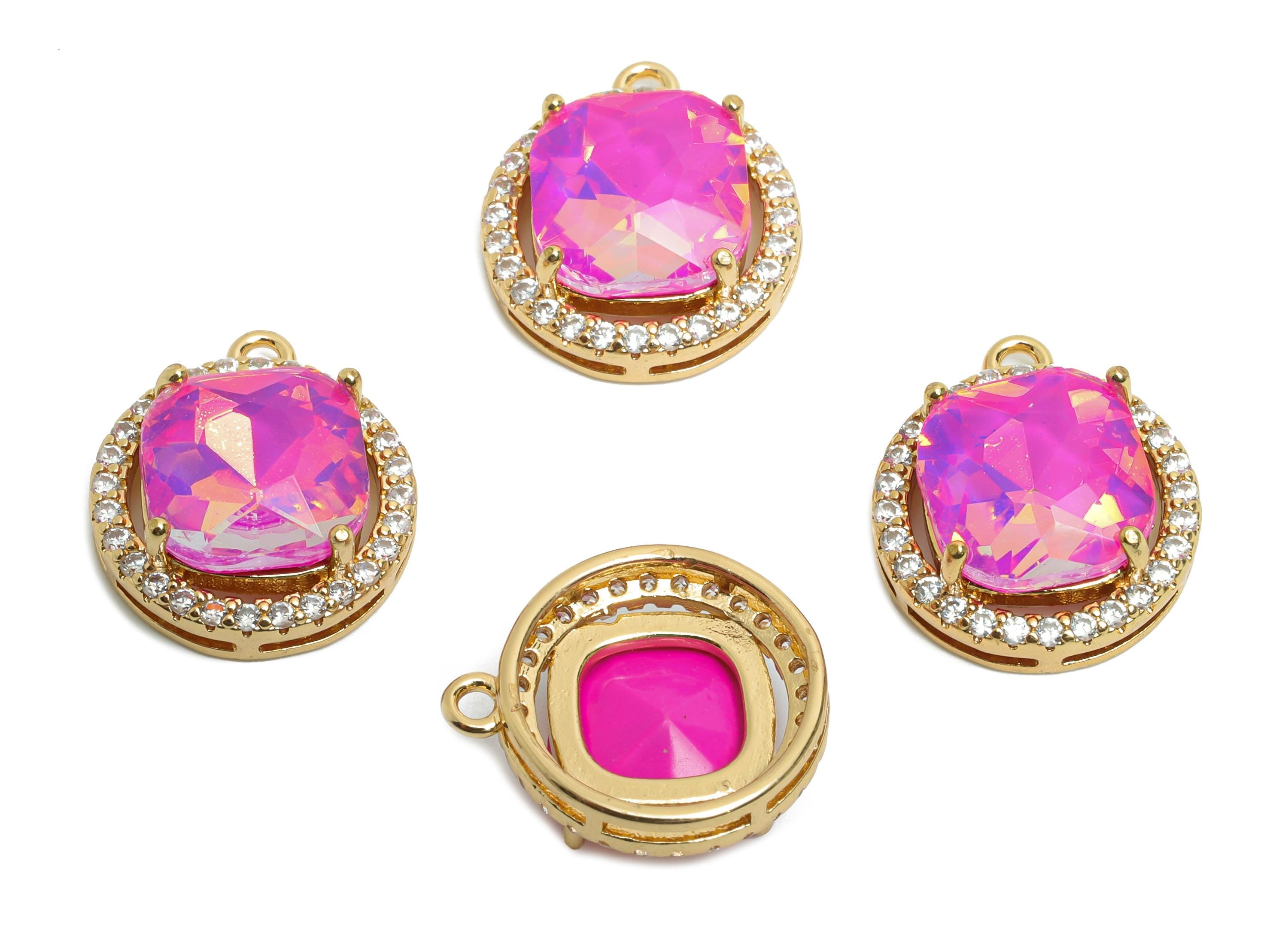 Dainty Crystal Pink Charm - Luxury Crystal Necklace Charm - Sparkling Rhinestone Border Pendant - KC Gold Tone Plated - 17x15x6mm- GS1190 - DOMEDBAZAAR