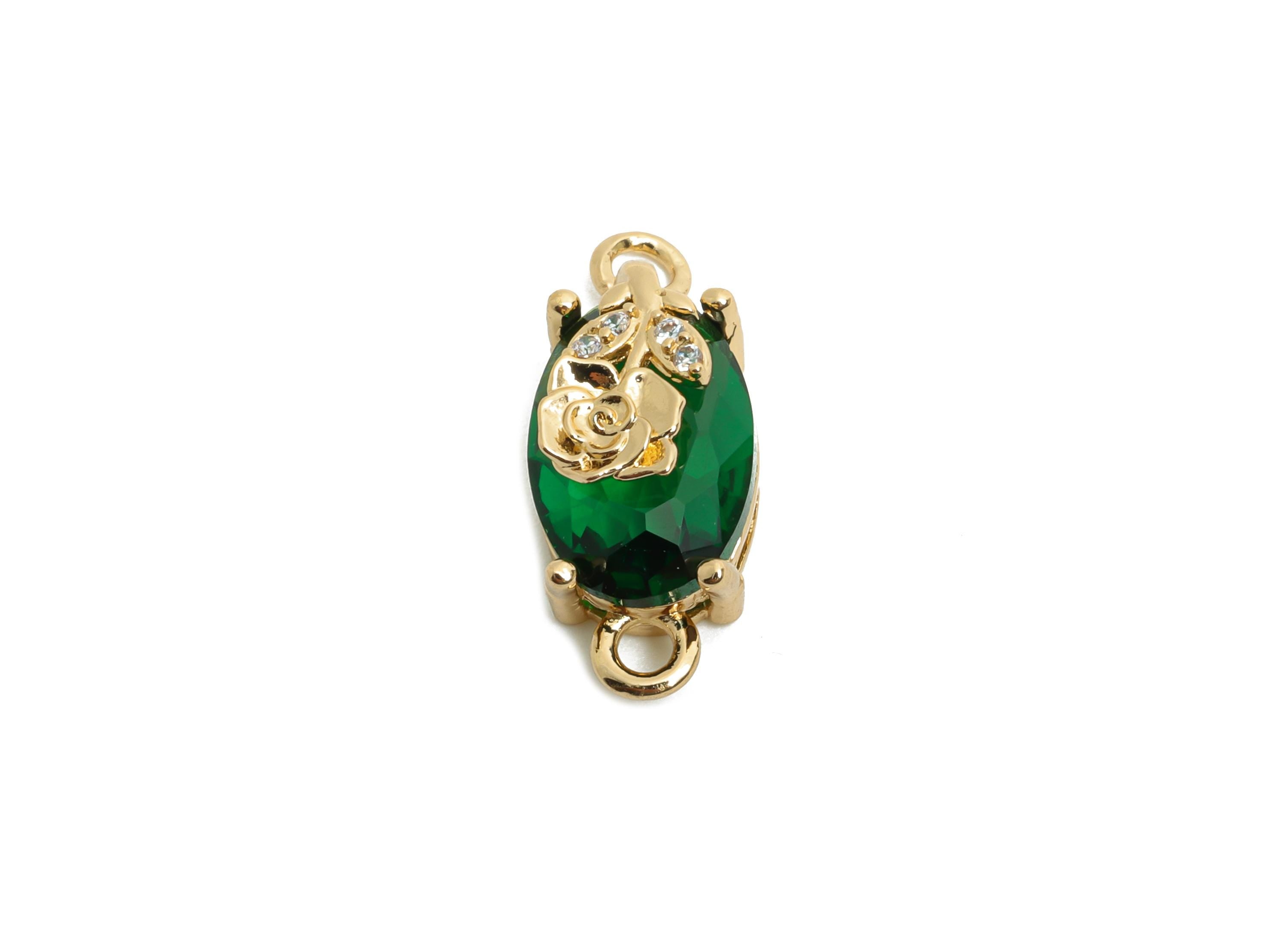 Green Crystal Rose Connector - Luxury Faceted Oval Glass Connector with Zircon - Romantic Jewelry - KC Gold Plated Brass -19x8x6.5mm -GS1300 - DOMEDBAZAAR