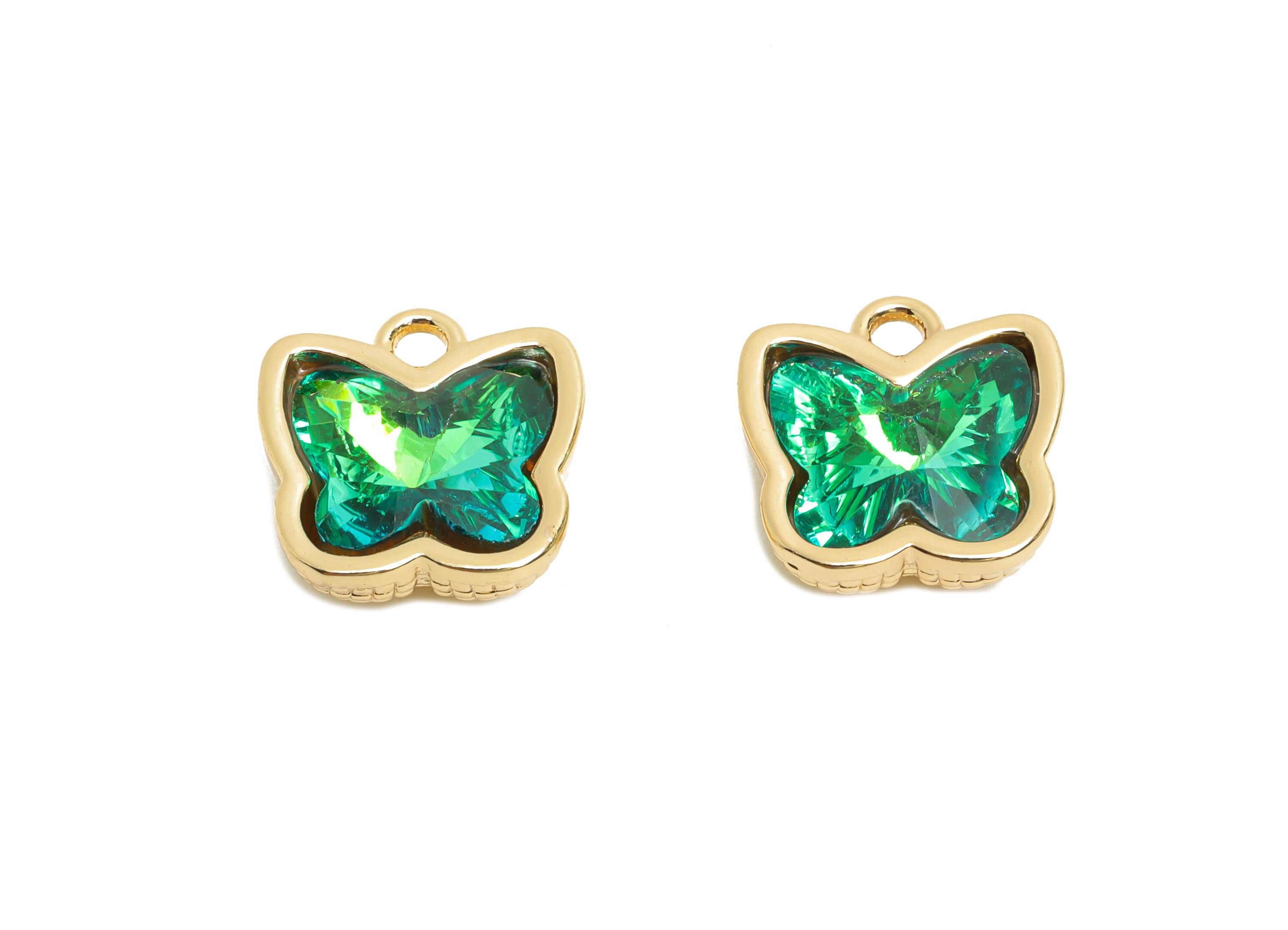 Butterfly Crystal Bracelet Charms - Brass Green Crystal Dual-Sided Necklace Pendant - Elegant Jewelry - KC Gold Plated - 13x12x7mm - GS1318 - DOMEDBAZAAR