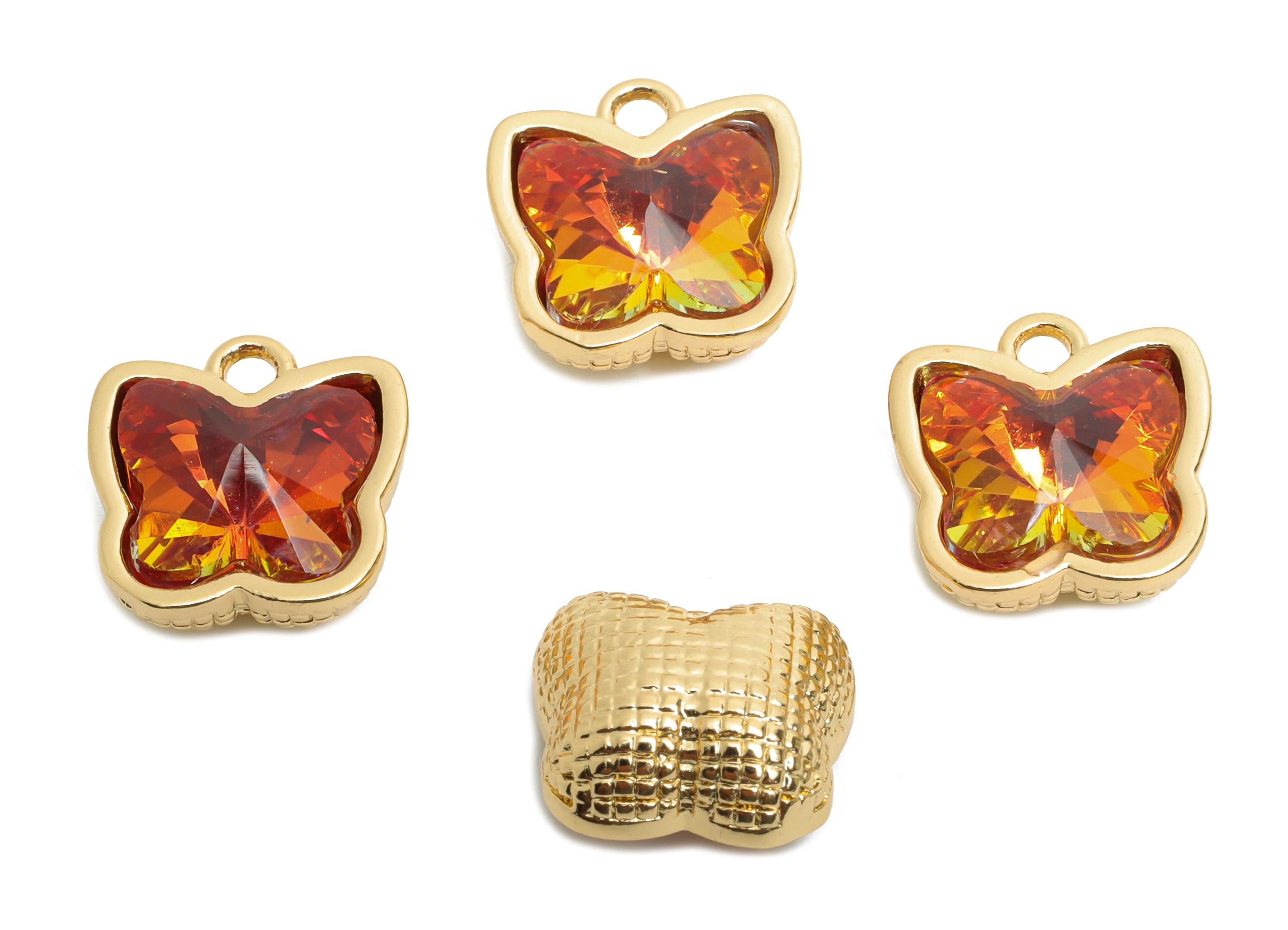 Butterfly Crystal Bracelet Charm - Brass Colorful Crystal Dual-Sided Necklace Pendant - Luxury Jewelry - KC Gold Plated - 13x12x7mm - GS1317 - DOMEDBAZAAR
