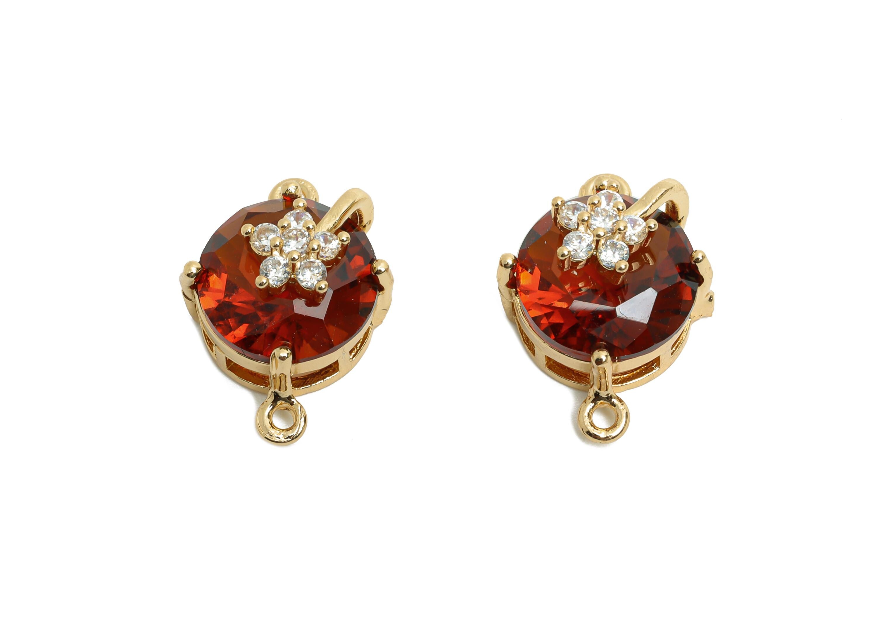 Round Garnet Crystal Connector - Brass Sparking Charm For Necklace - Faceted Stone with Flower  - KC Gold Tone Plated - 20x13x12mm - GS1288 - DOMEDBAZAAR
