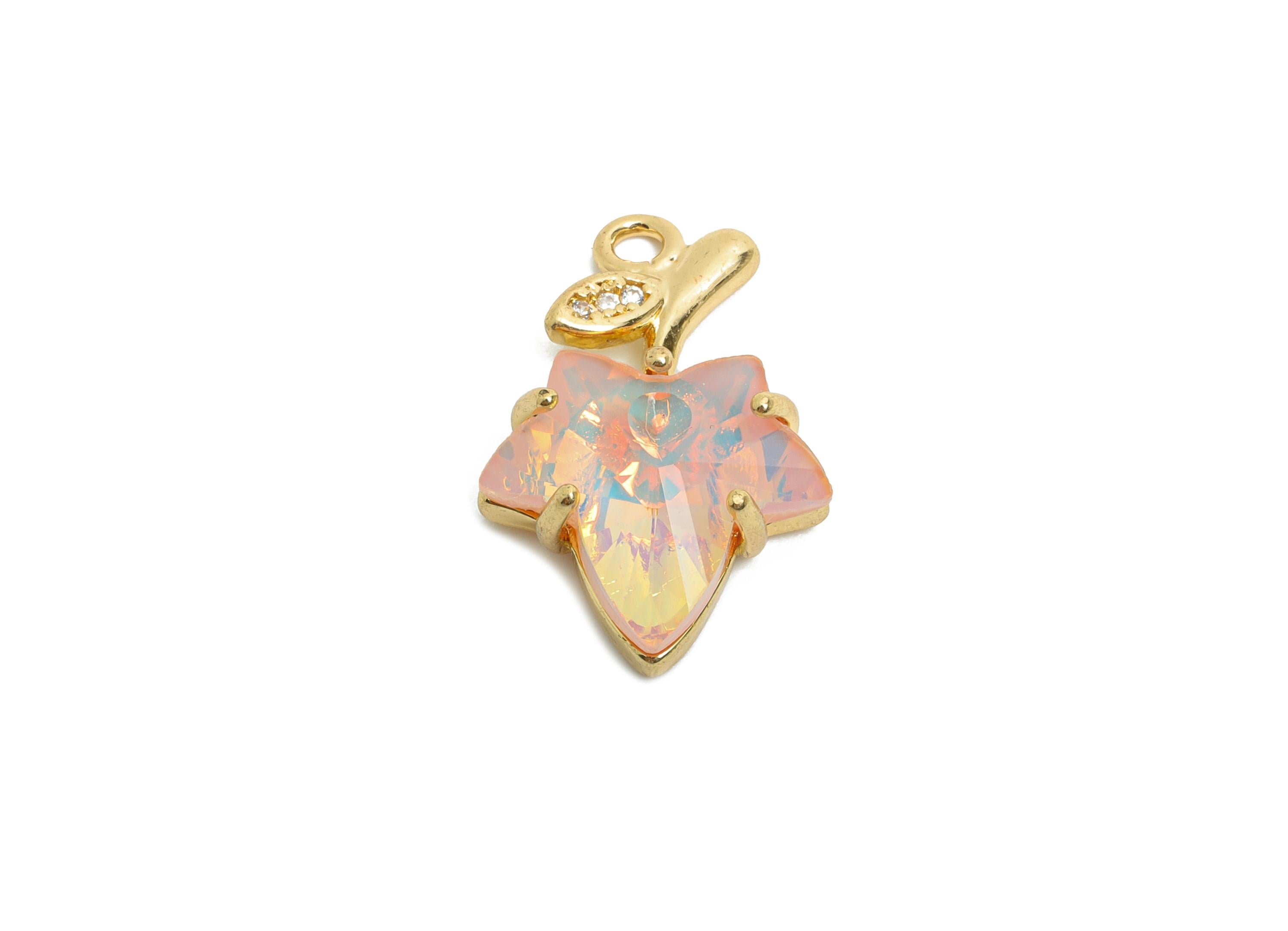 Maple Leaf Crystal Charm - Pink Crystal Zircon Leaf Necklace Pendant - Sparkling Jewelry - KC Gold Tone Plated - 19.42x13.14x5.57mm - GS1180 - DOMEDBAZAAR