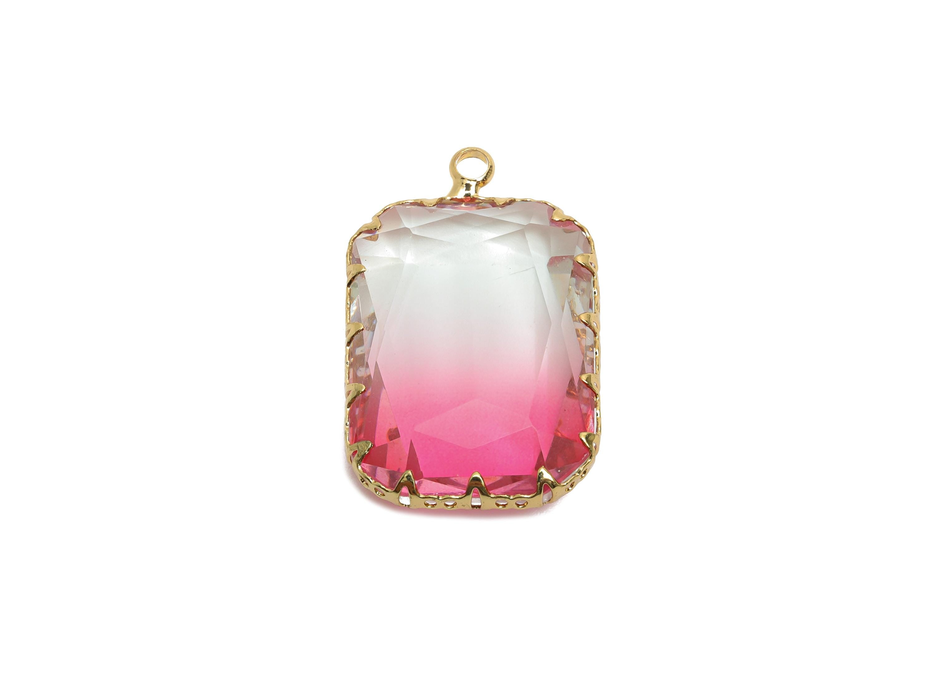 Pink Crystal Pendant - Brass Faceted Gradient Stone Pendant - Translucent Gradient Glass  - KC Gold Tone Plated - 30.8x18.74x7mm - GS1212 - DOMEDBAZAAR