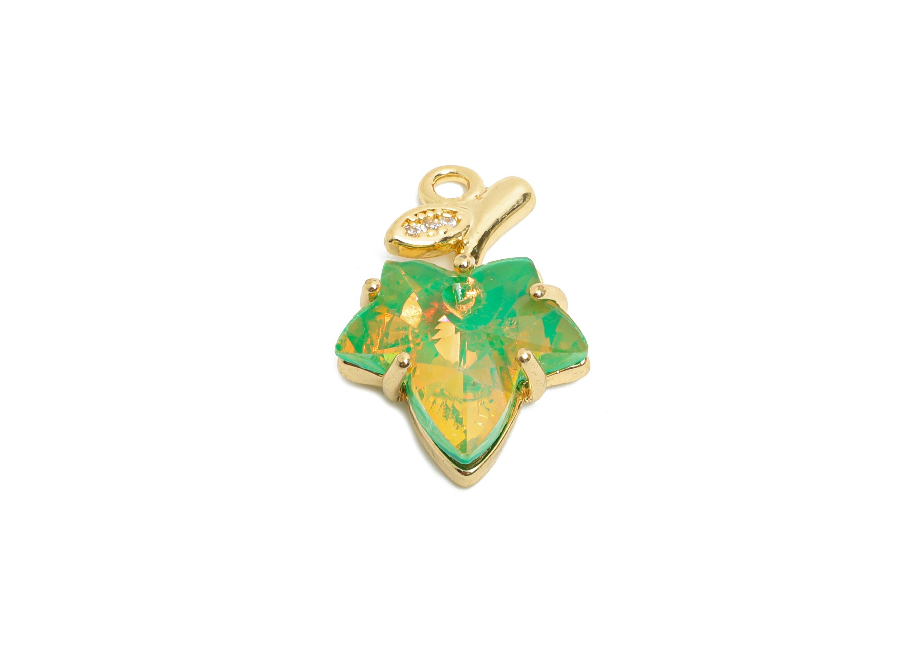 Maple Leaf Crystal Charm - Green Crystal Zircon Leaf Necklace Pendant - Sparkling Jewelry - KC Gold Tone Plated - 19.4x13.14x5.57mm - GS1182 - DOMEDBAZAAR