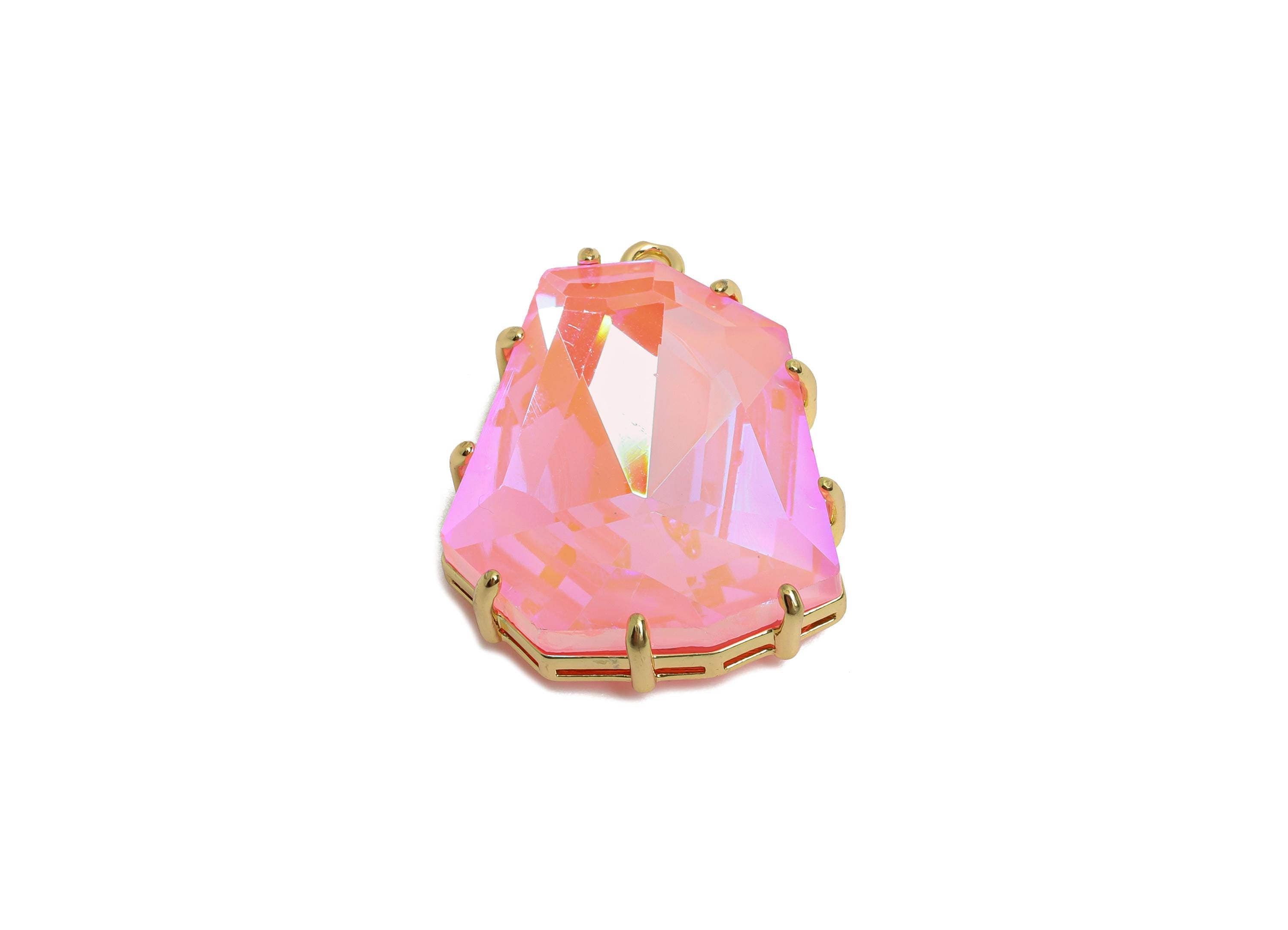 Pink Crystal Pendant - Brass Faceted Gradient Stone Pendant - Dainty Geometry Gradient Glass - KC Gold Tone Plated - 29x22x8mm - GS1202 - DOMEDBAZAAR