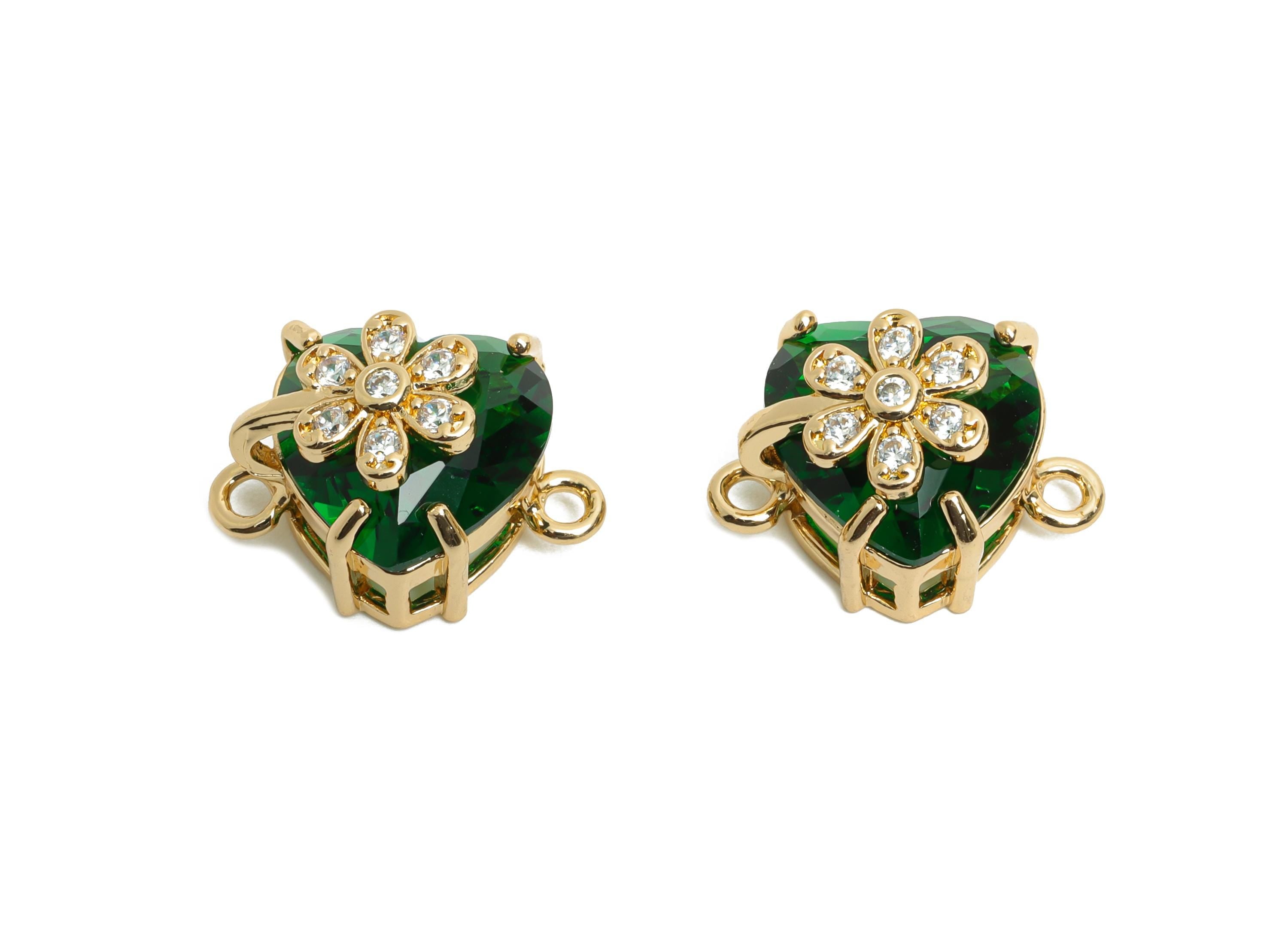 Brass Heart Crystal Connector - Green Sparking Charm For Necklace - Faceted Stone with Flower  - KC Gold Tone Plated - 17x11x10mm - GS1222 - DOMEDBAZAAR