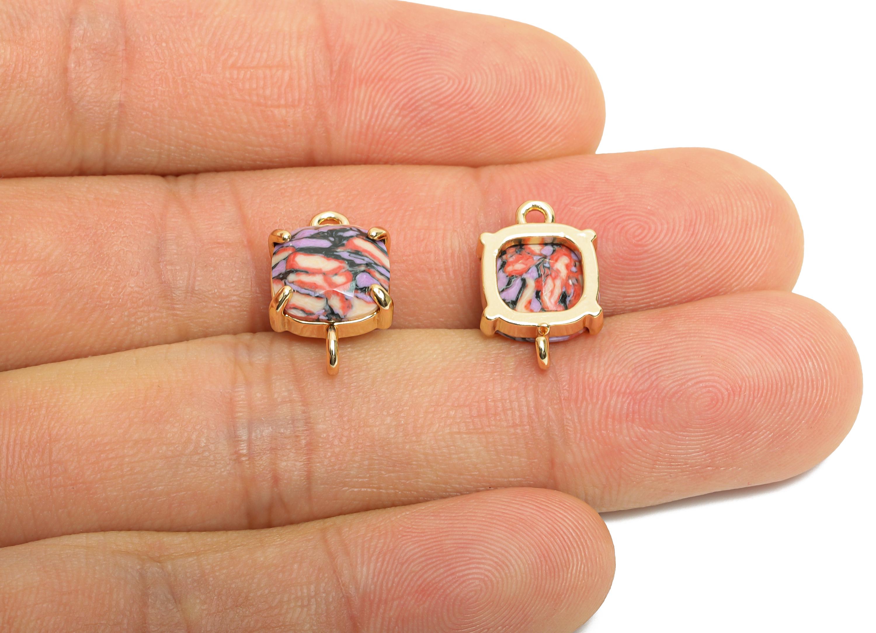 Square Glass Bracelet Connector - Brass Colorful Faceted Crystal Charm - Jewelry Component - KC Gold Tone Plated - 16.4x10x5.57mm - GS1241 - DOMEDBAZAAR