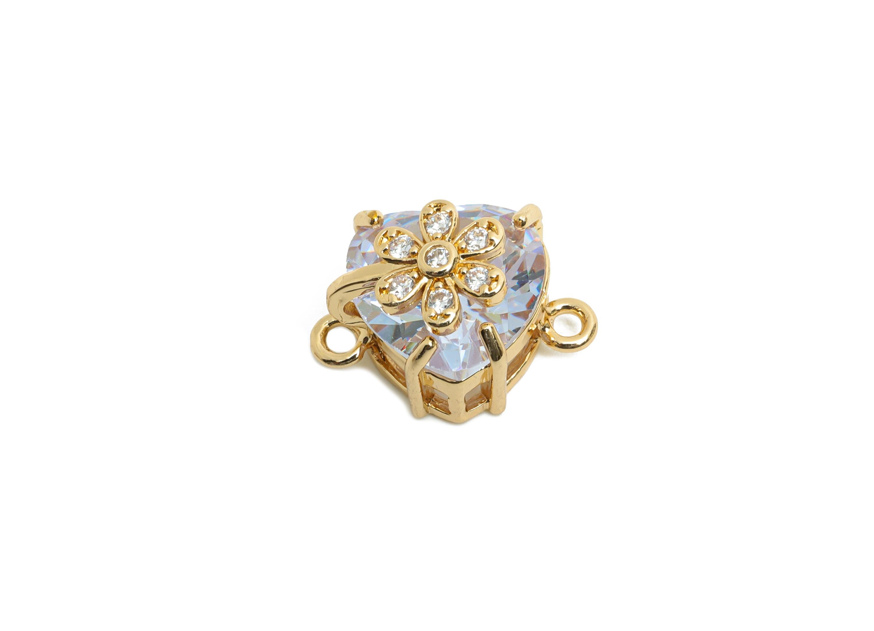 Brass Heart Crystal Connector - Dainty Sparking Charm For Necklace - Faceted Stone with Flower  - KC Gold Tone Plated - 17x11x10mm - GS1221 - DOMEDBAZAAR