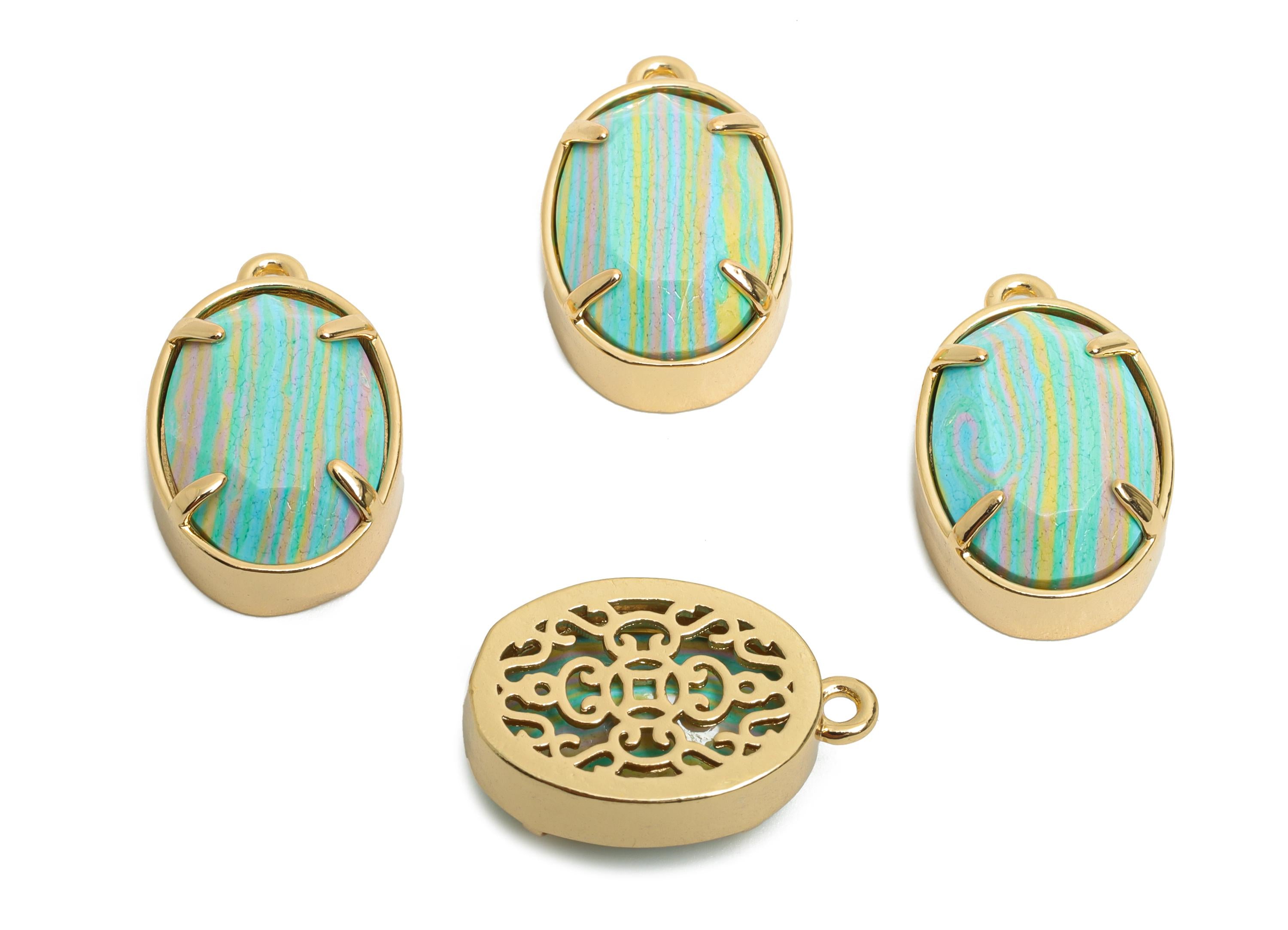 Rainbow Oval Glass Pendant - Faceted Glass Pendant for Necklace - Elegant Crystal Jewelry - KC Gold Plated Brass - 18.2x11.7x6mm - GS1311 - DOMEDBAZAAR