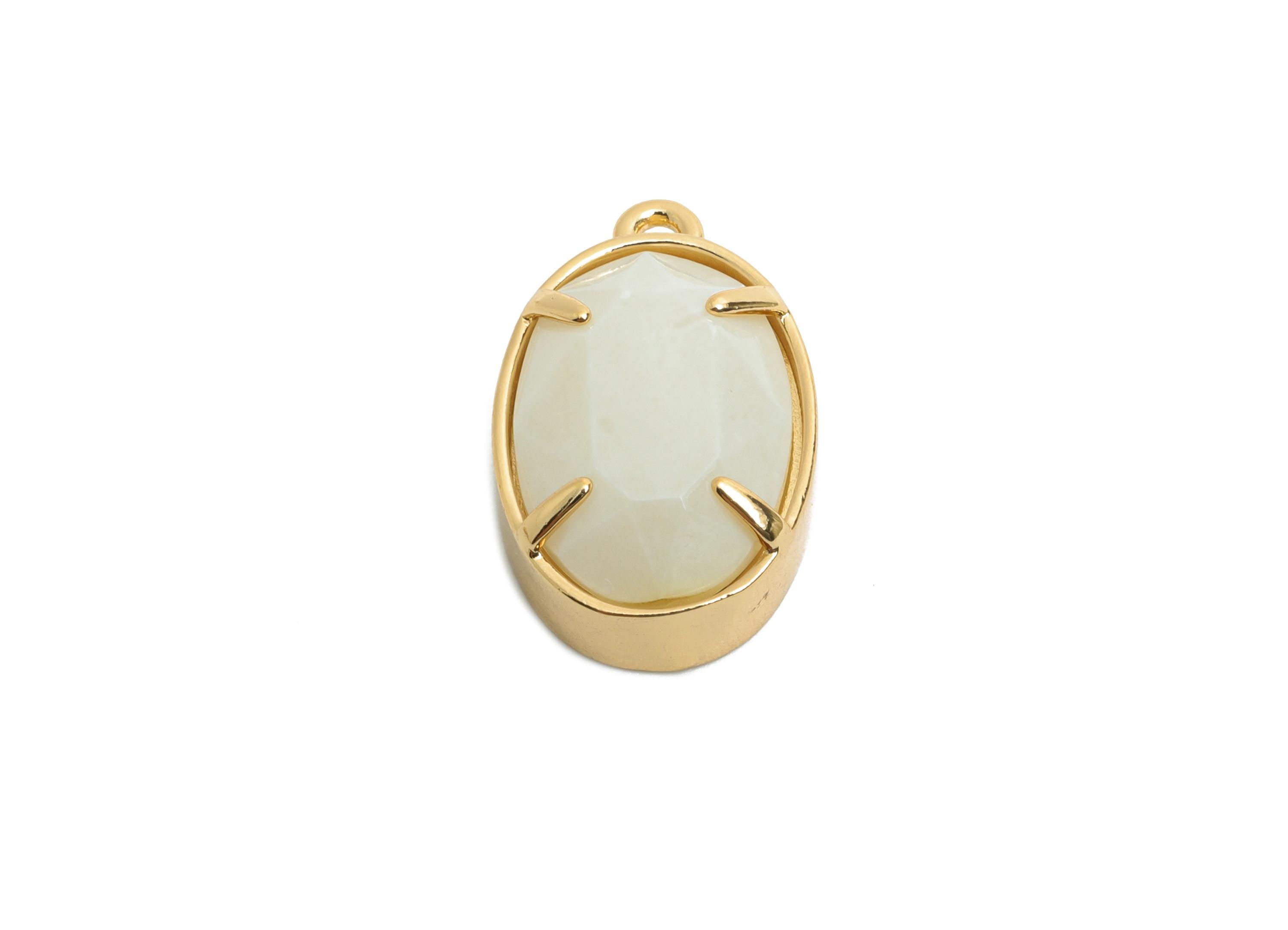 White Oval Glass Pendant - Faceted Glass Pendant for Necklace - Simple Crystal Jewelry - KC Gold Tone Plated Brass - 18x11.7x6mm - GS1315 - DOMEDBAZAAR