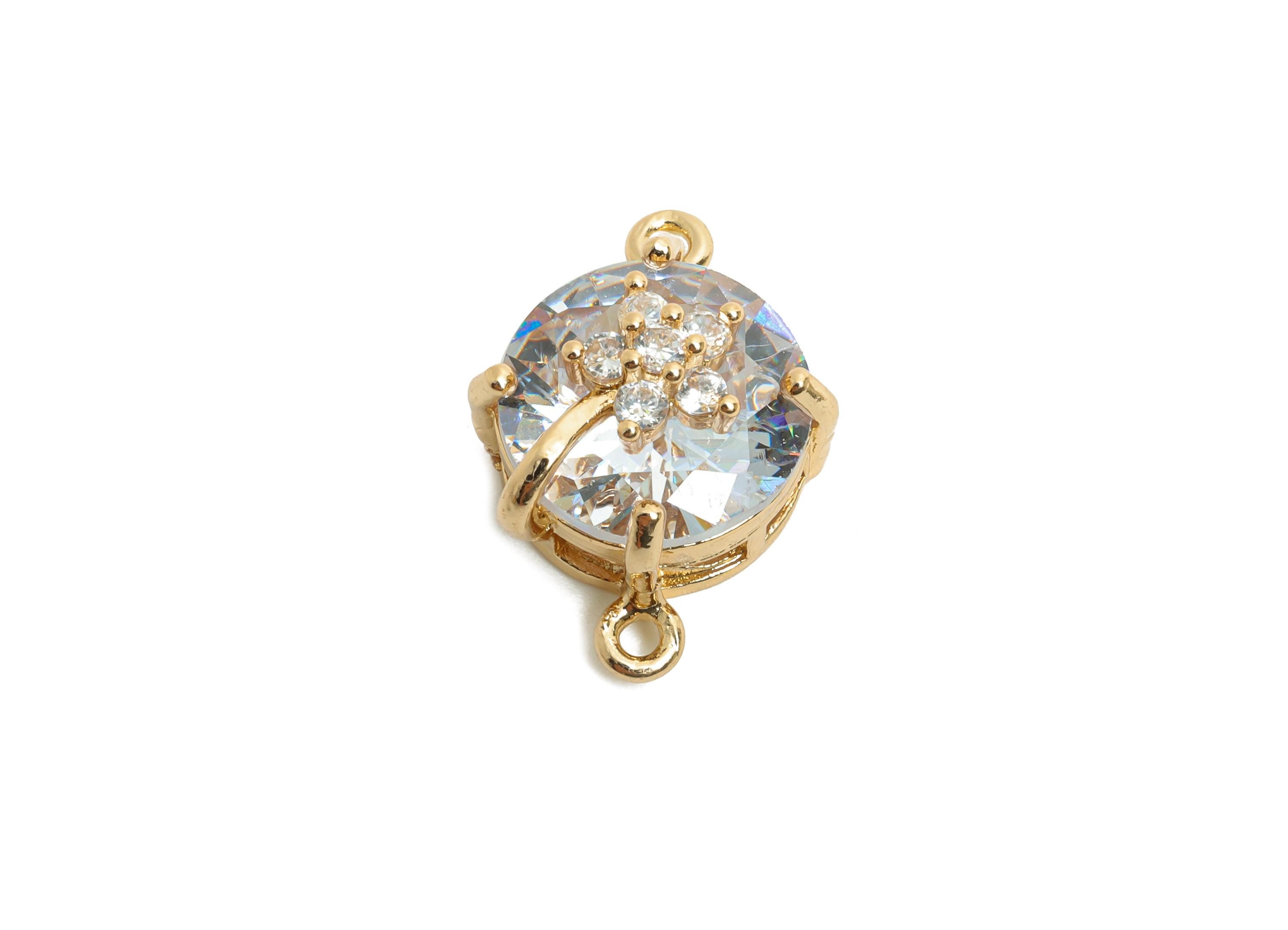Round Crystal Bracelet Connector - Brass Sparkling Charm for Necklace - Faceted Crystal with Flower - KC Gold Plated - 20x13x12mm - GS1287 - DOMEDBAZAAR
