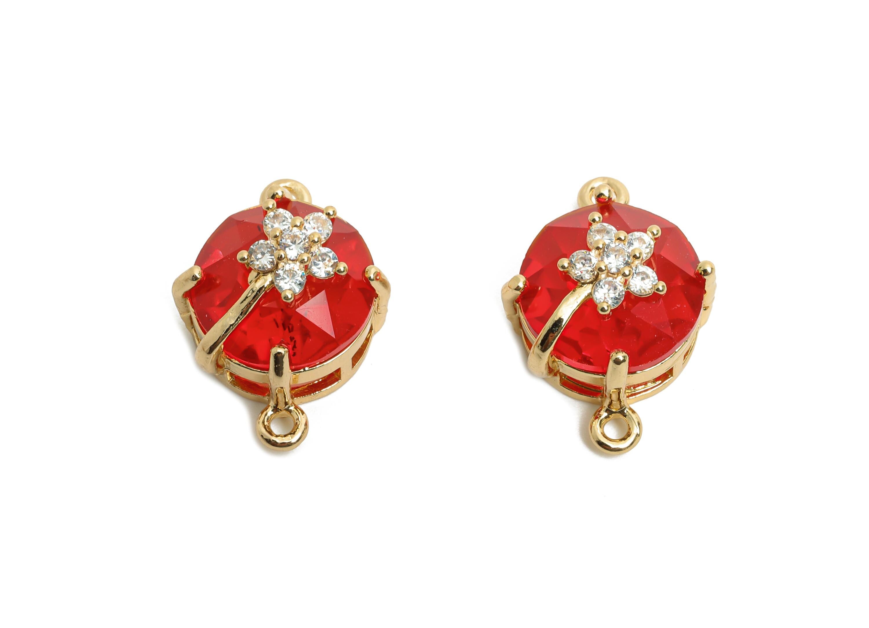 Round Crystal Bracelet Connector - Brass Sparkling Necklace Charm - Red Faceted Crystal Flower Charm - KC Gold Plated - 20x13x12mm -GS1286 - DOMEDBAZAAR