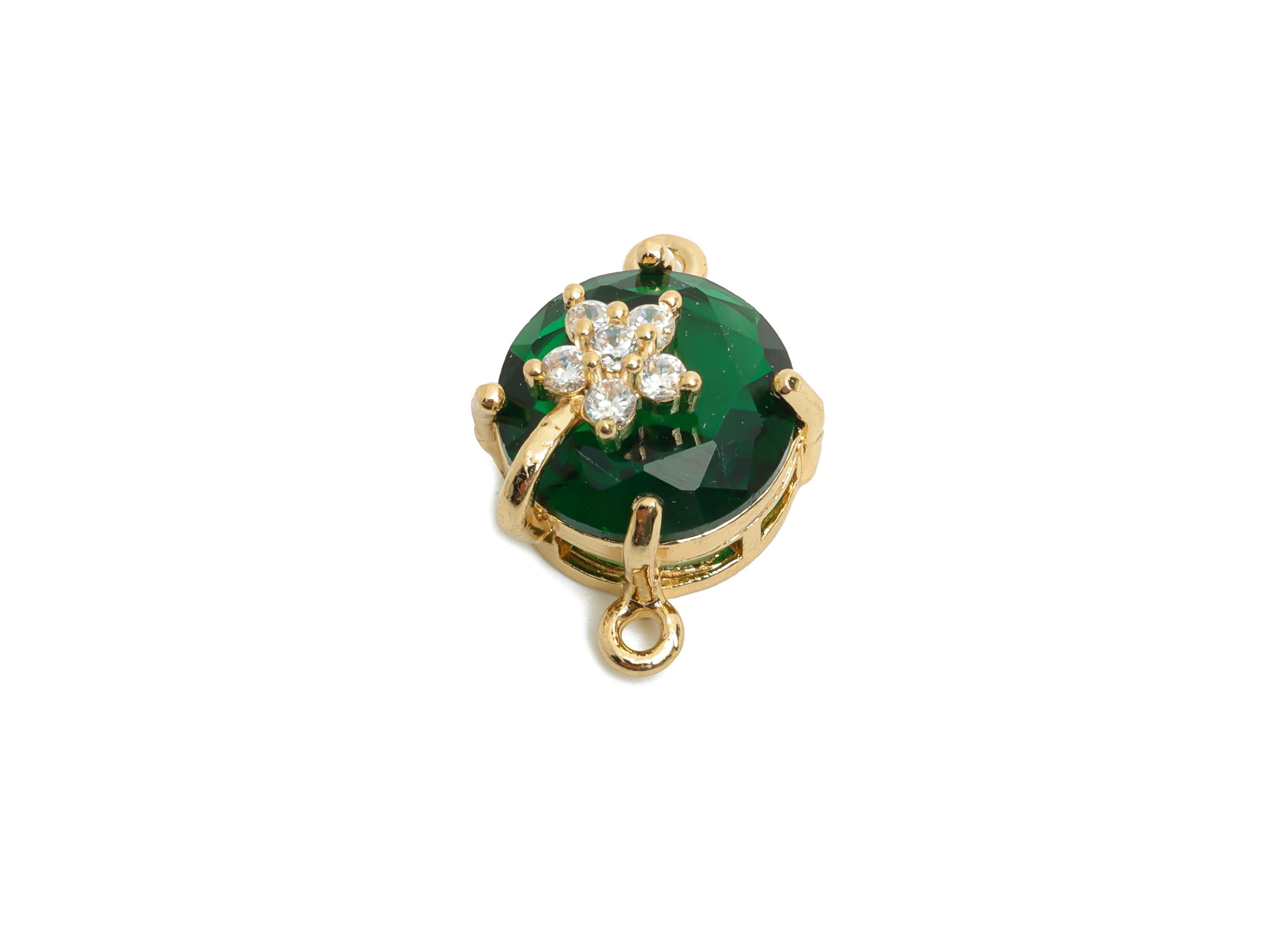 Round Crystal Bracelet Connector - Brass Sparkling Necklace Charm - Green Faceted Crystal Flower Charm - KC Gold Plated - 20x13x12mm -GS1285 - DOMEDBAZAAR