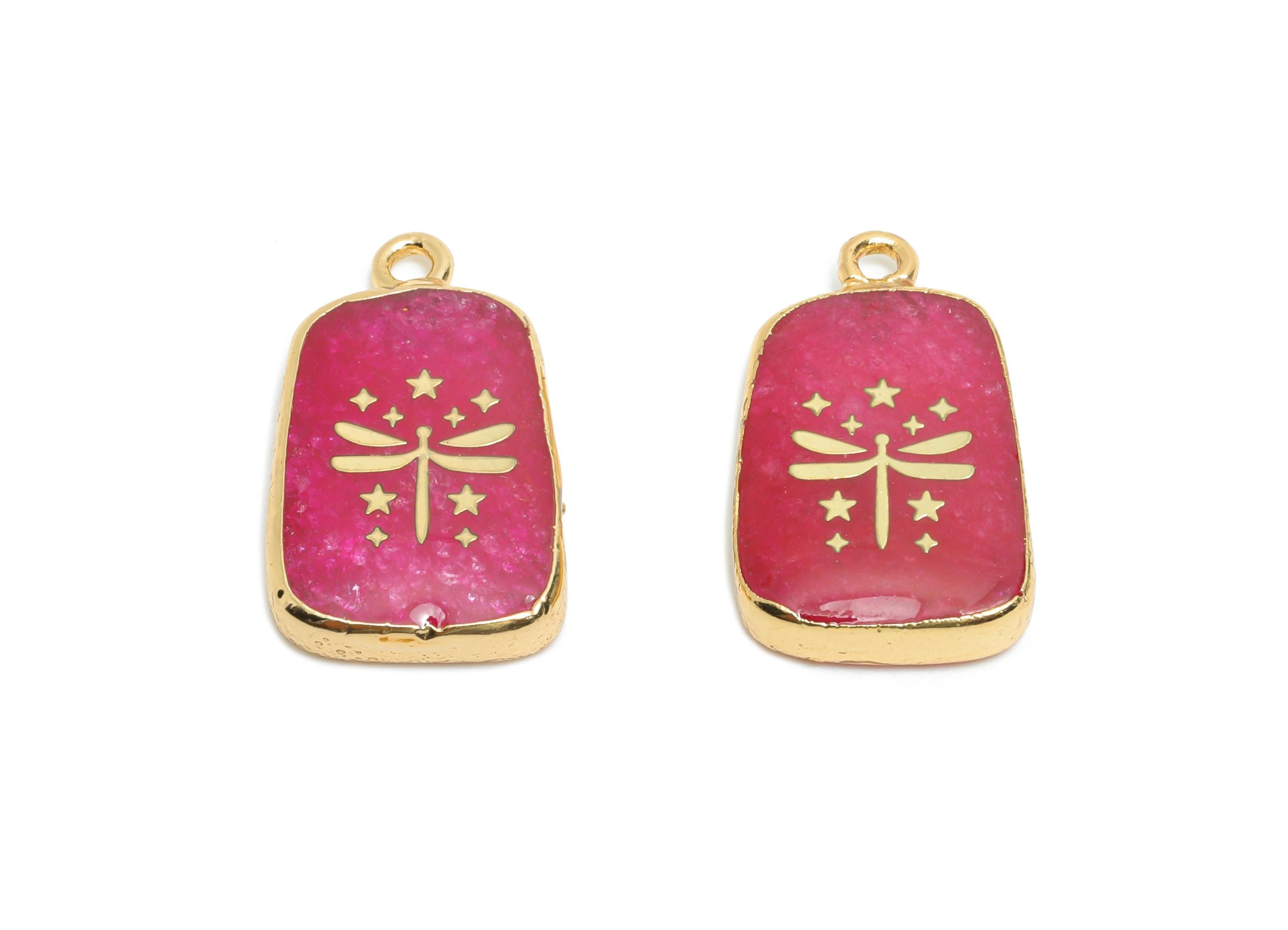 White Crystal Dyeing Pendant - Brass Dragonfly Stars Necklace Charm - Handcrafted Jewelry Piece - KC Gold Plating  - 22x13x4mm - NS2871 - DOMEDBAZAAR