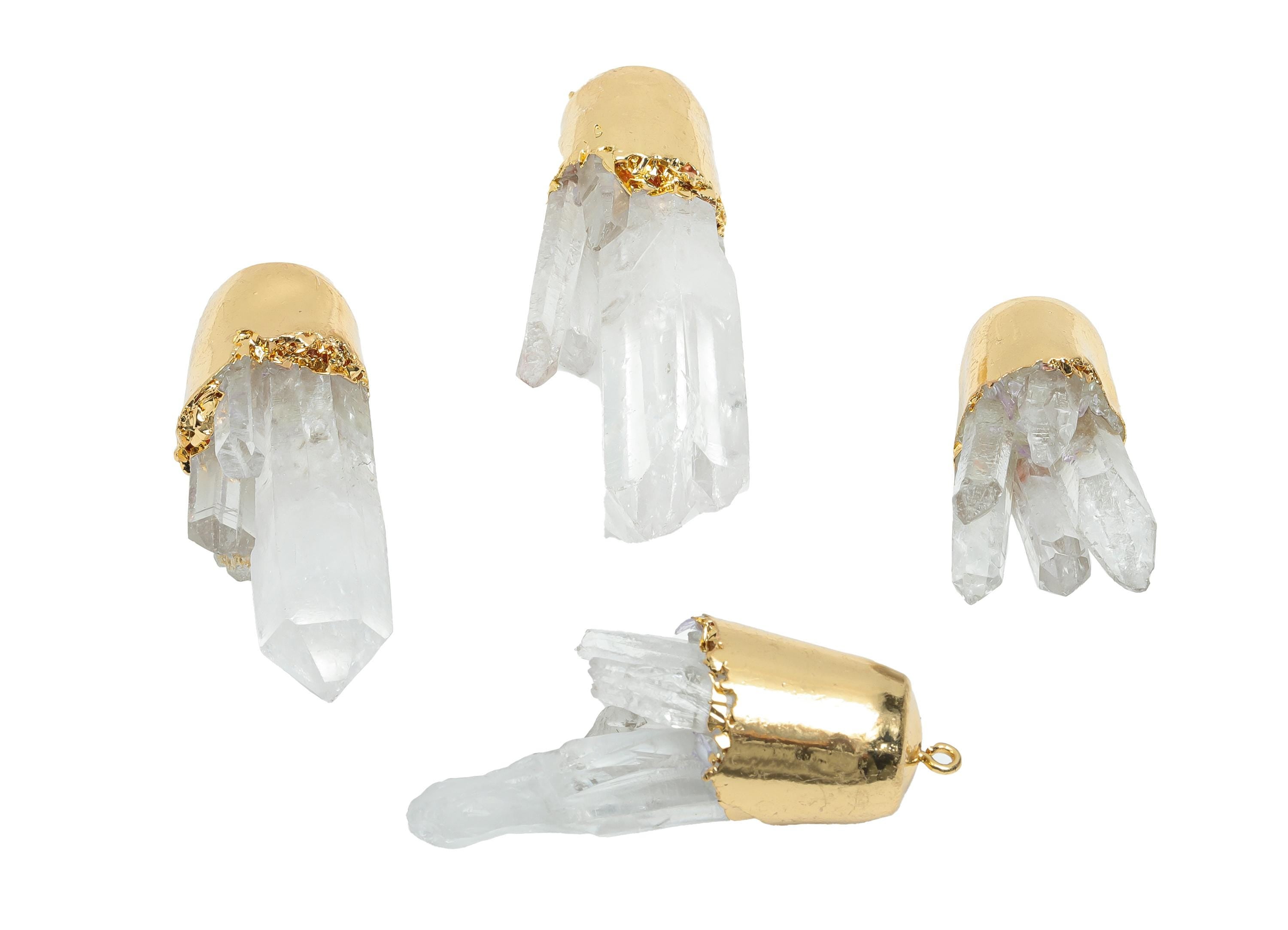 Clear Quartz Crystal Pendant - Brass Healing Stone Necklace - Natural Boho Chic Gemstone Necklace - 18K Real Gold Plated - 50x21x17mm-NS2878 - DOMEDBAZAAR