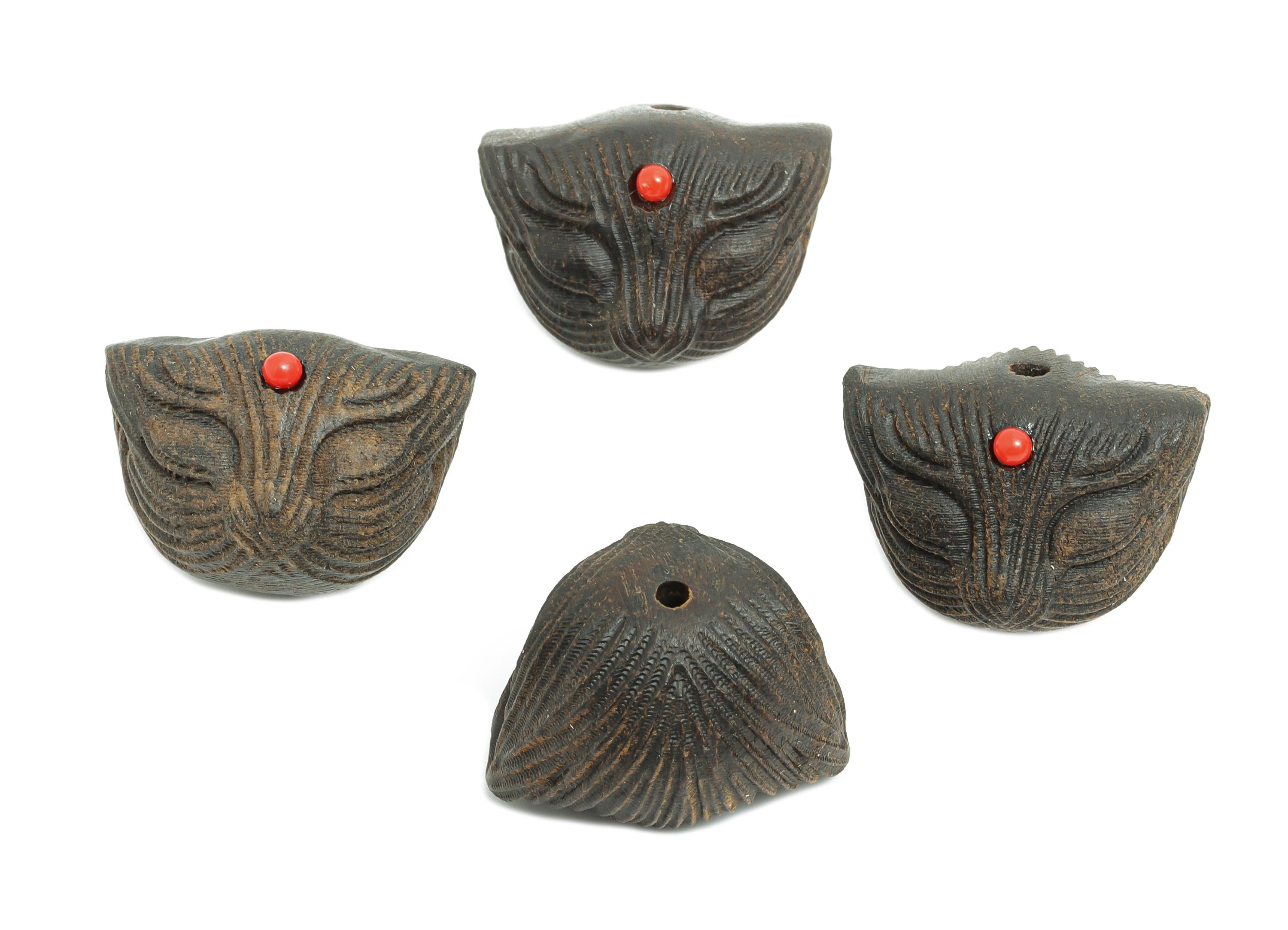 Carved Wooden Cat Face Bead - Black Wood Cat Charm - Handcrafted Cat Wooden Bead - Handmade Wooden Beads for Bracelet - 14x20x15mm - BB1319 - DOMEDBAZAAR