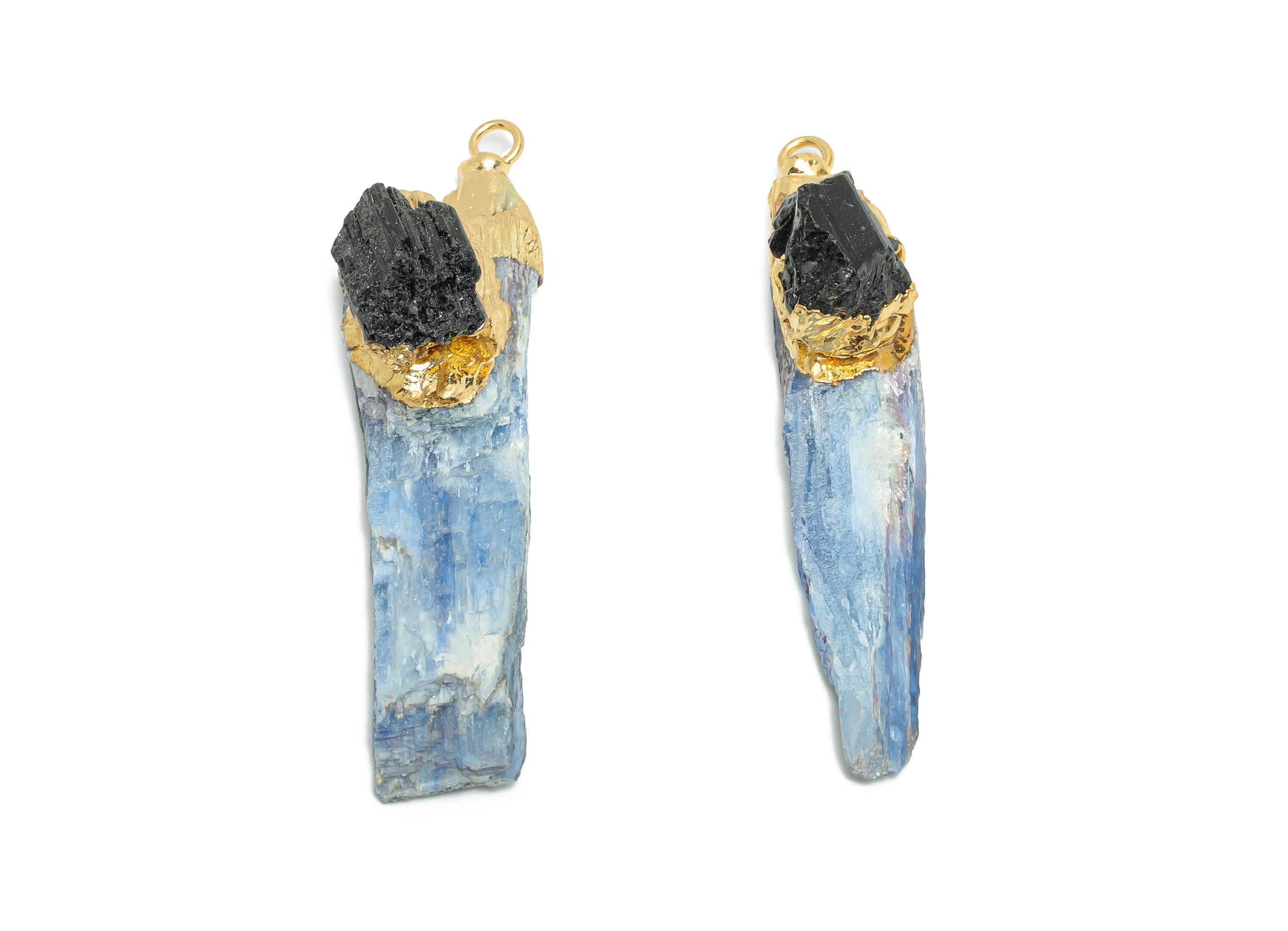 Brass Kyanite Stick Pendant - Black Tourmaline Bar Raw Stone Charm - Handmade Natural Stone Pendant - KC Gold Plated - 52x13.8x10mm – NS2876 - DOMEDBAZAAR
