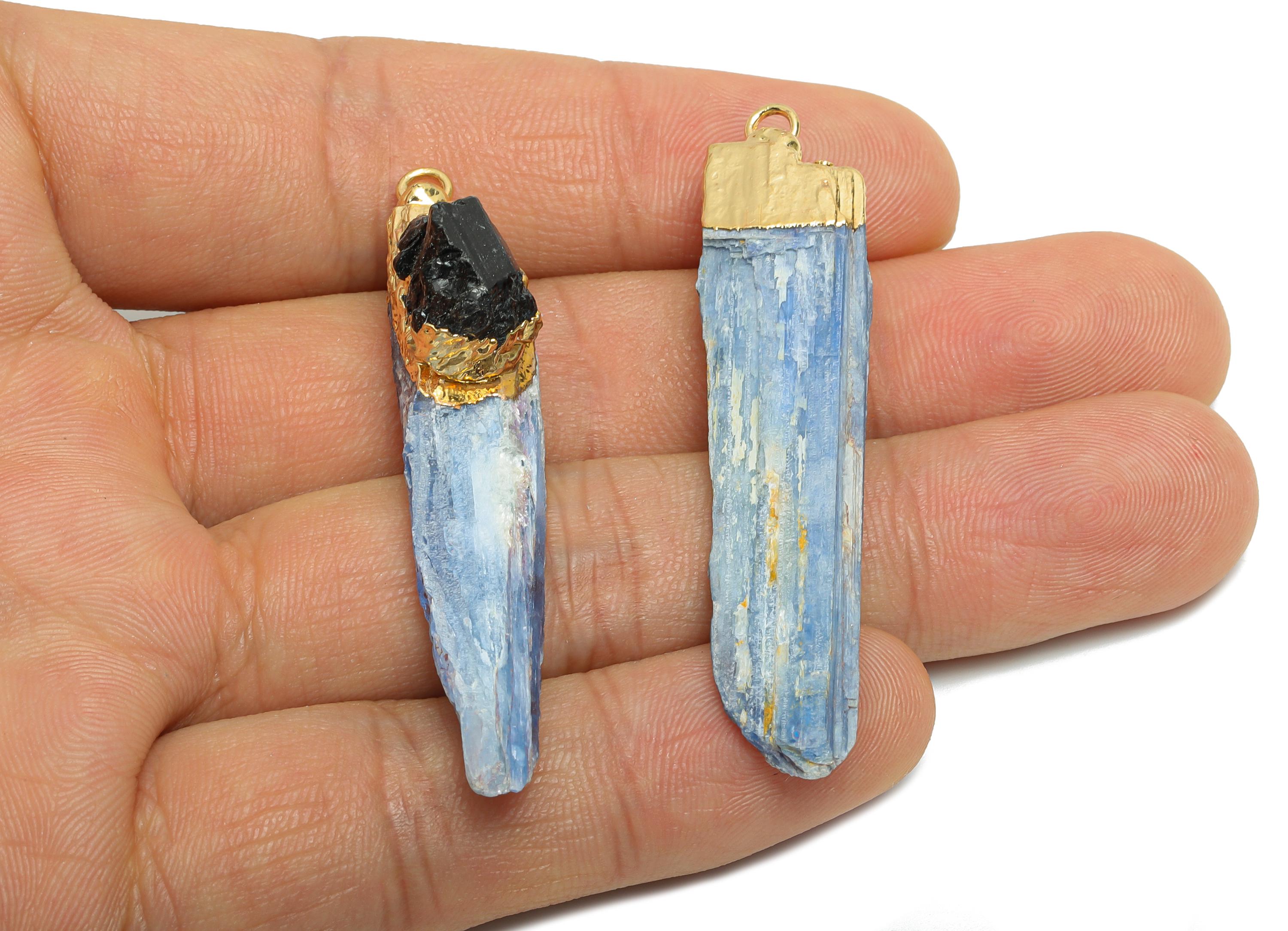 Brass Kyanite Stick Pendant - Black Tourmaline Bar Raw Stone Charm - Handmade Natural Stone Pendant - KC Gold Plated - 52x13.8x10mm – NS2876 - DOMEDBAZAAR