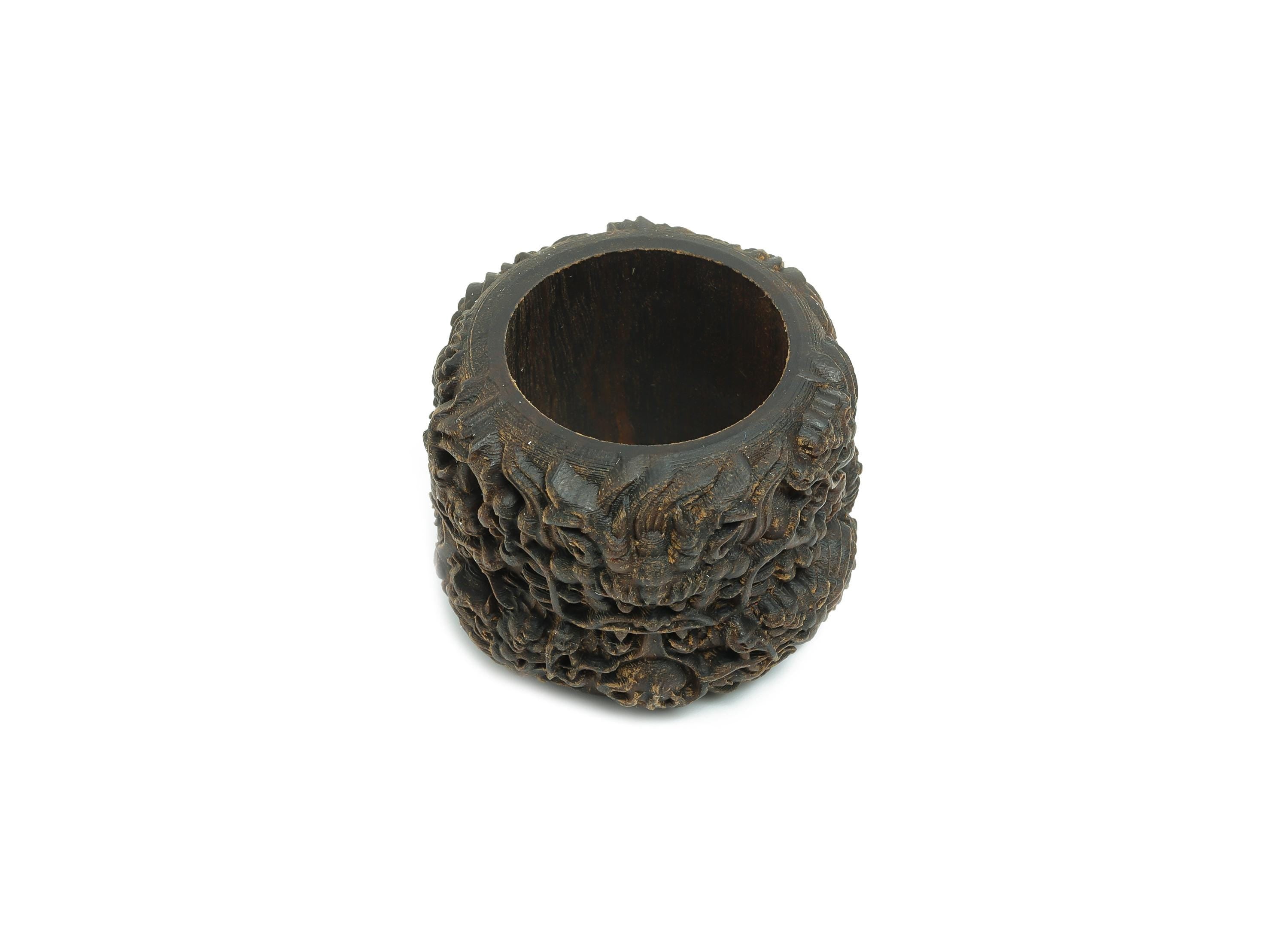 Natural Wooden Kowloon Ring - Black Wood Hand-Carved Wooden Ring - Agarwood Carved Dragon Hand-held Playthings - 32x32x25.47mm - BB1316 - DOMEDBAZAAR