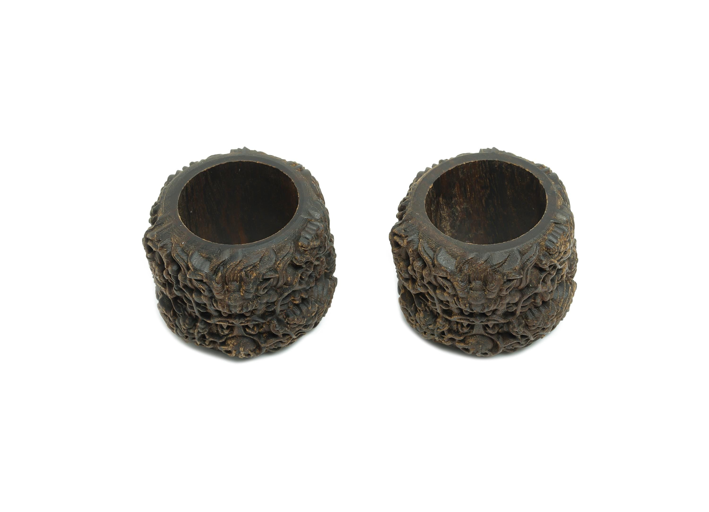 Natural Wooden Kowloon Ring - Black Wood Hand-Carved Wooden Ring - Agarwood Carved Dragon Hand-held Playthings - 32x32x25.47mm - BB1316 - DOMEDBAZAAR