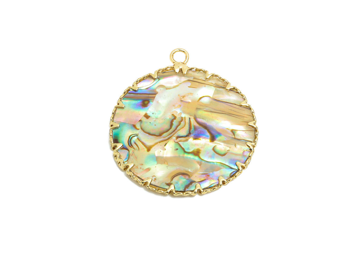 Round Abalone Shell Pendant - Unique Brass Iridescent Shell Pendant