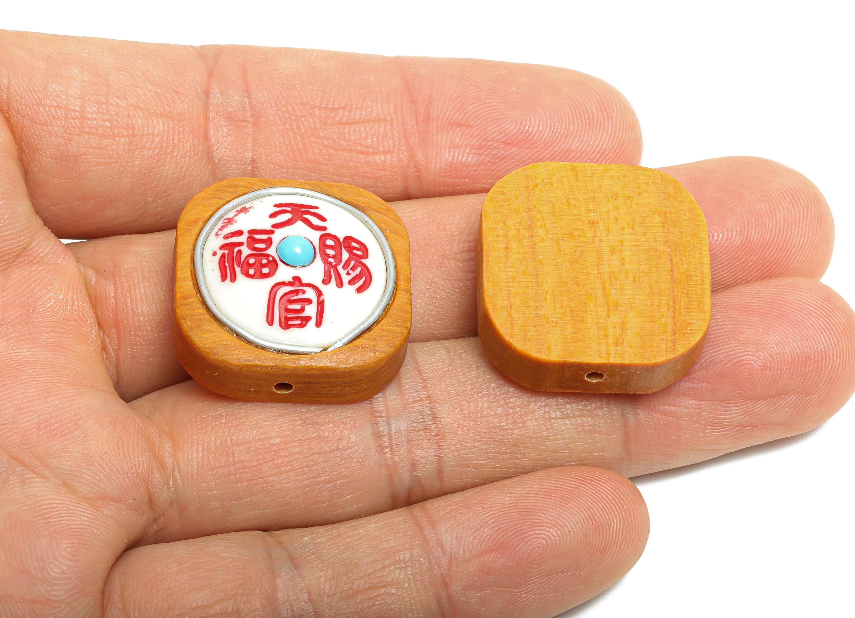 Sandol Wood Carved Bead - Handcrafted Chinese Characters Charm - DIY Jewelry Natural Wood Supplies For Bracelet - 24x23x10.25mm - BB1331 - DOMEDBAZAAR