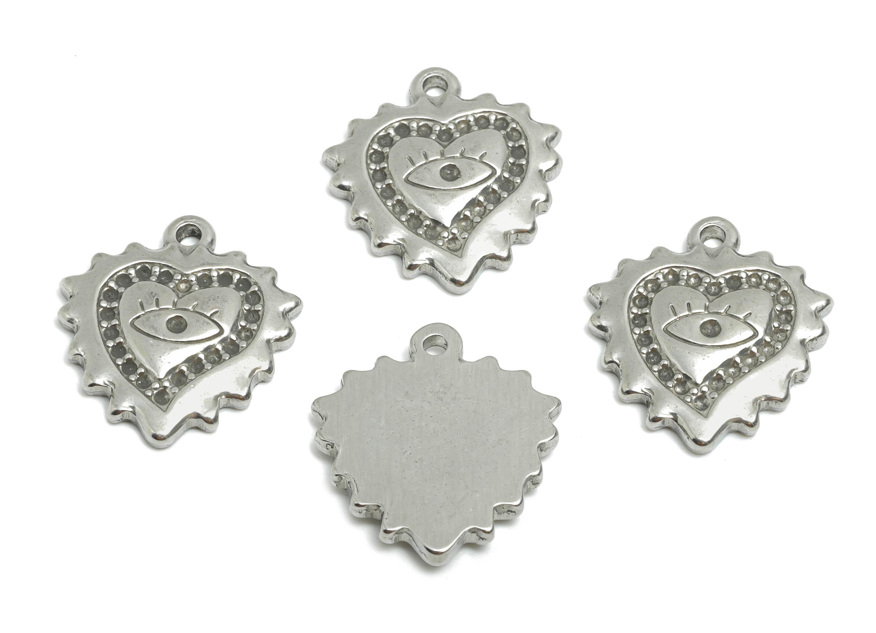 Stainless Steel Punk Heart Charms - Vintage Unique Eye Jewelry - Romantic Steel Protection Symbol - Good Luck Charm - 20x18x2.76mm - SS1841 - DOMEDBAZAAR