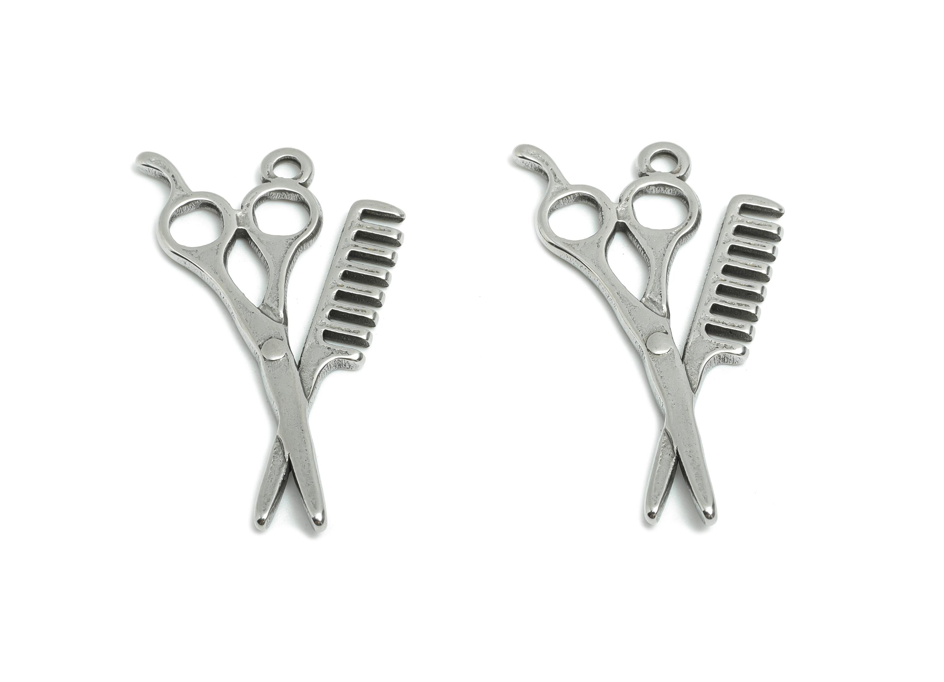 Steel Scissors and Comb Charms - Unique Silver Tool Pendant - Hair Styling Tools Design - Gift for Hair Stylist - 33.7x20.6x1.76mm - SS1957 - DOMEDBAZAAR