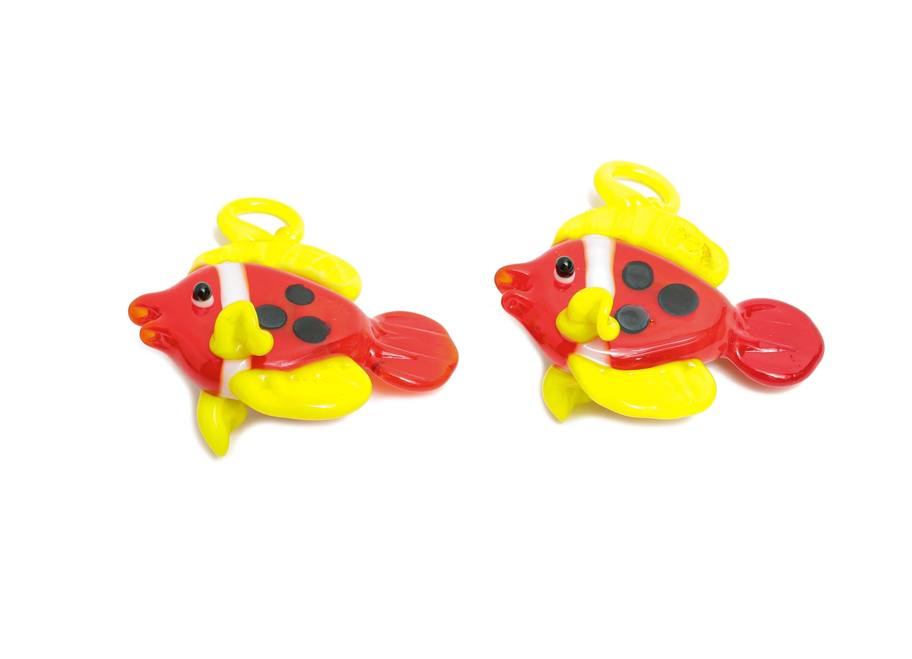 Handmade Glass Fish Pendant - Enamel Colorful Glass Marine Pendant - Red and Yellow Fish Necklace Pendant - Jewelry DIY- 34x33x19mm - GS1325 - DOMEDBAZAAR