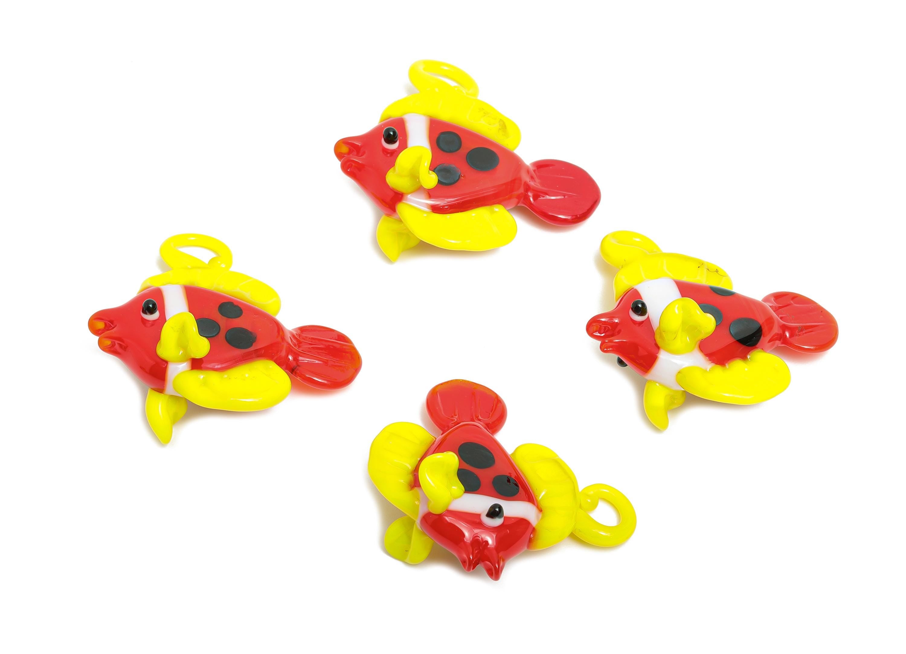 Handmade Glass Fish Pendant - Enamel Colorful Glass Marine Pendant - Red and Yellow Fish Necklace Pendant - Jewelry DIY- 34x33x19mm - GS1325 - DOMEDBAZAAR