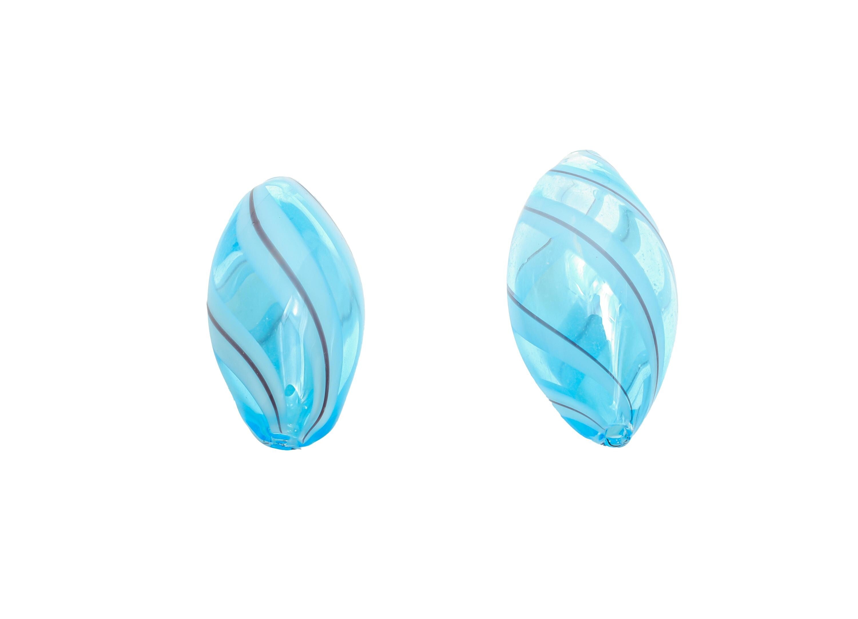 Twisted Glass Blue Bead - Enamel Handcrafted Lampwork Glass Charm - Handcrafted Striped Light Blue Glass Focal Bead - 23x11x11.96mm - GS1354 - DOMEDBAZAAR