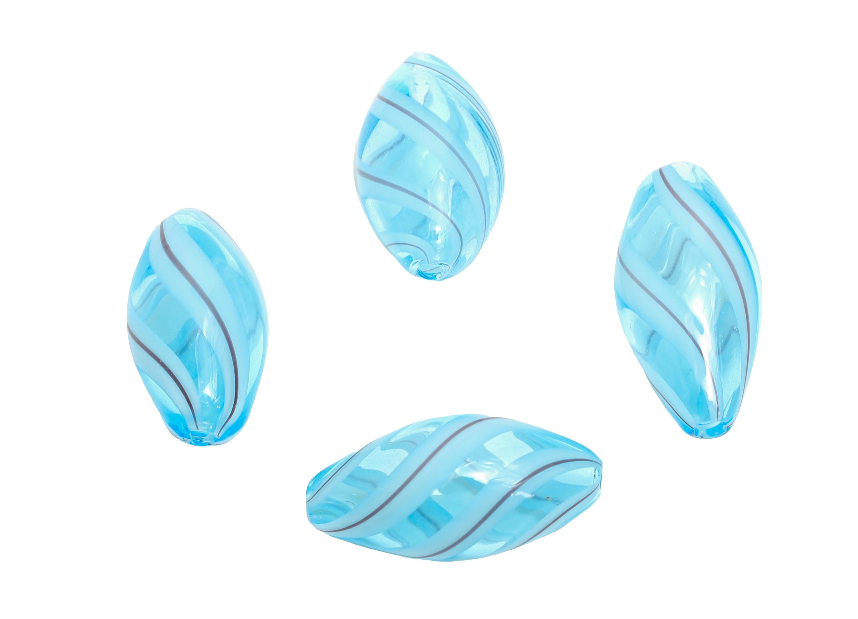 Twisted Glass Blue Bead - Enamel Handcrafted Lampwork Glass Charm - Handcrafted Striped Light Blue Glass Focal Bead - 23x11x11.96mm - GS1354 - DOMEDBAZAAR