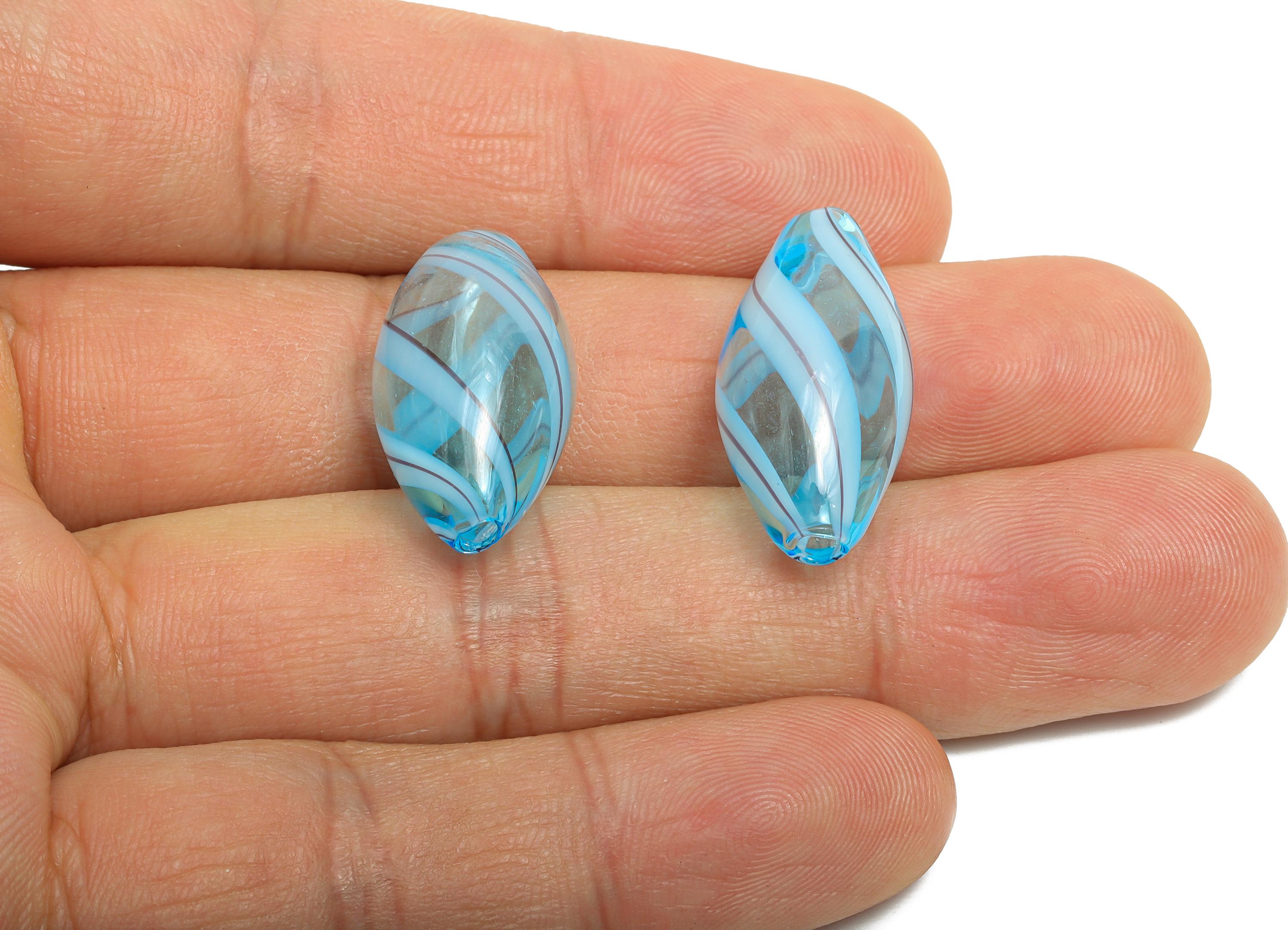Twisted Glass Blue Bead - Enamel Handcrafted Lampwork Glass Charm - Handcrafted Striped Light Blue Glass Focal Bead - 23x11x11.96mm - GS1354 - DOMEDBAZAAR