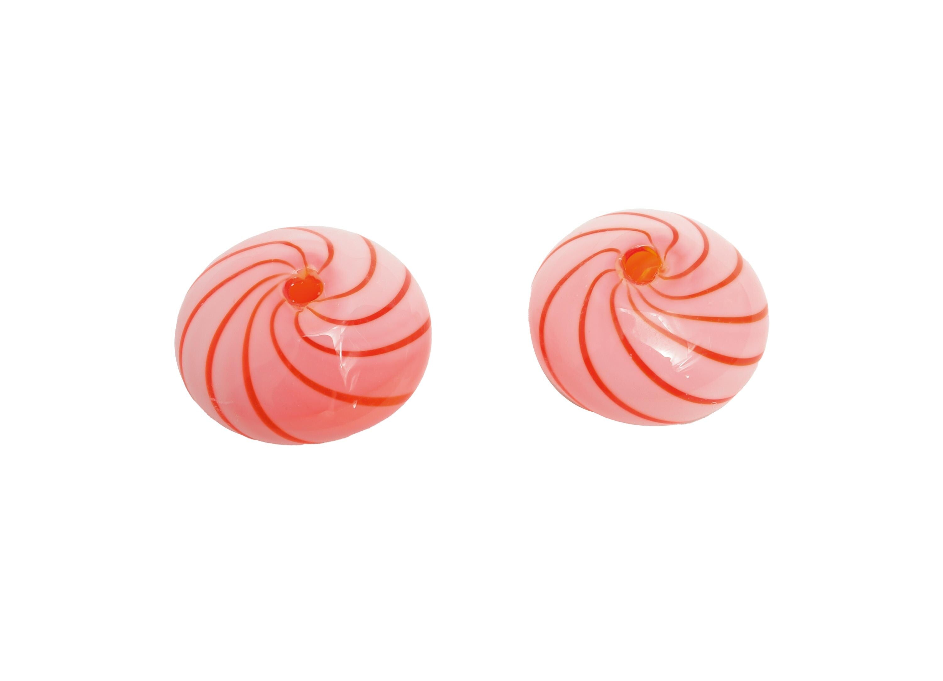 Candy Swirl Glass Beads - Enamel Pink Peppermint Twist Lampwork Bead - Handmade Pink Striped Donut Glass Beads - 15x15x9mm - GS1345 - DOMEDBAZAAR
