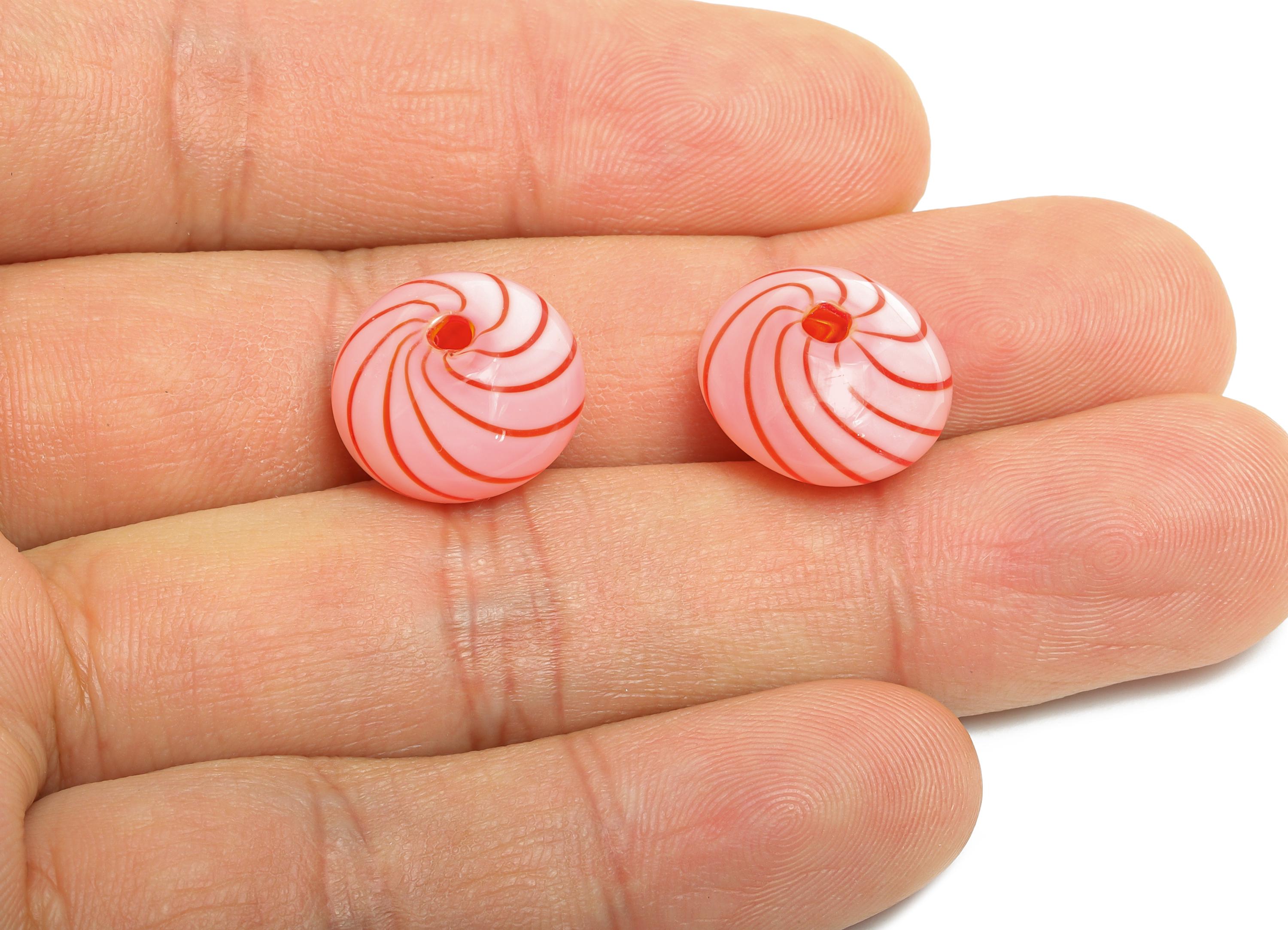 Candy Swirl Glass Beads - Enamel Pink Peppermint Twist Lampwork Bead - Handmade Pink Striped Donut Glass Beads - 15x15x9mm - GS1345 - DOMEDBAZAAR